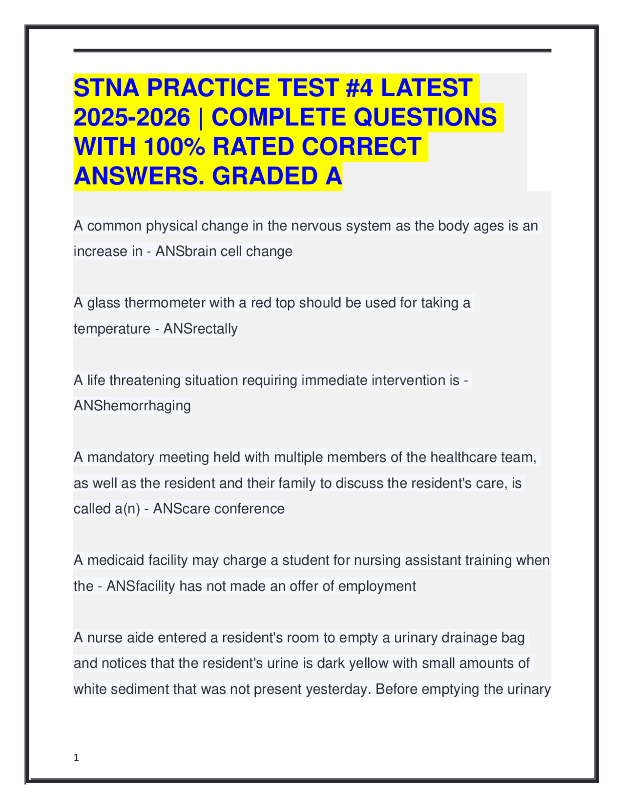 Stna Interview Questions STNA PRACTICE TEST #4 LATEST 2025-2026 | COMPLETE QUESTIONS & 100% ...