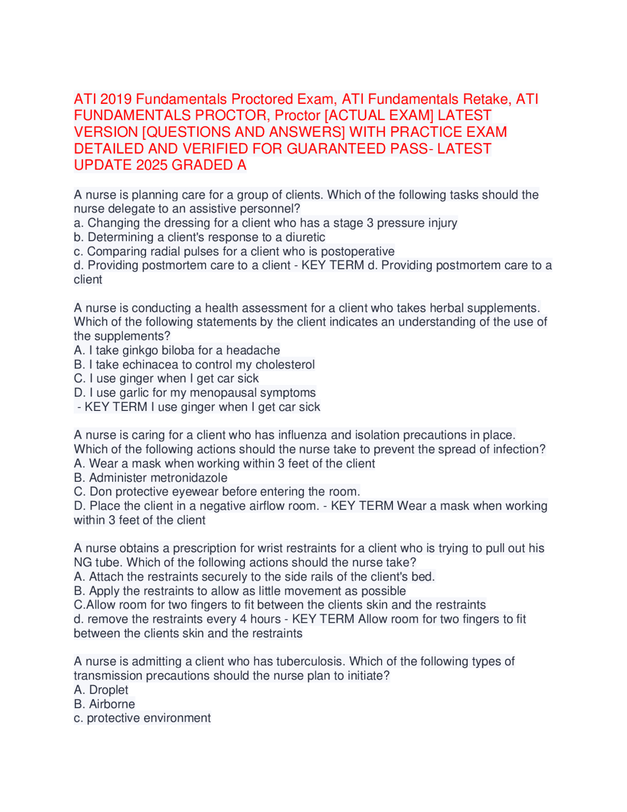 ATI 2019 Fundamentals Proctored Exam, ATI Fundamentals Retake, ATI ...