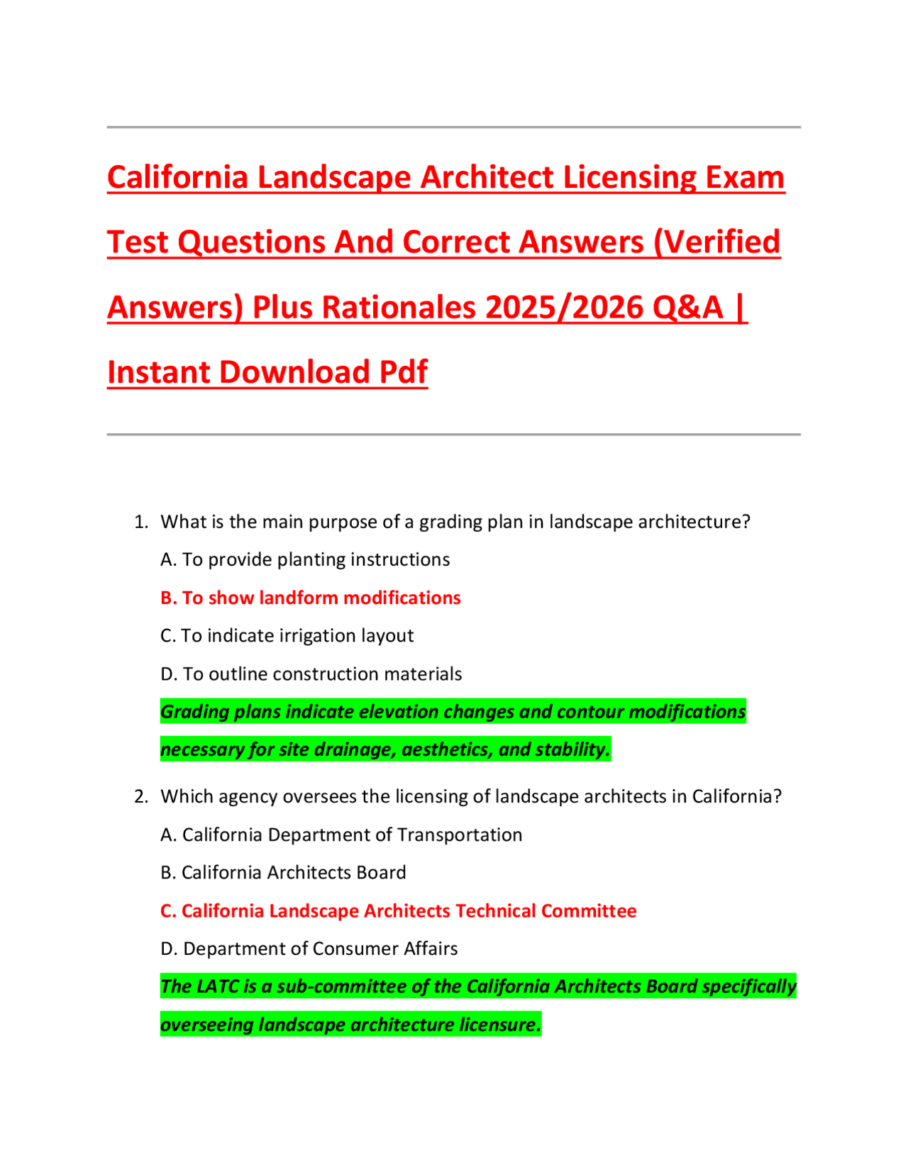 California Landscape Architect Licensing Exam Test Questions And ...