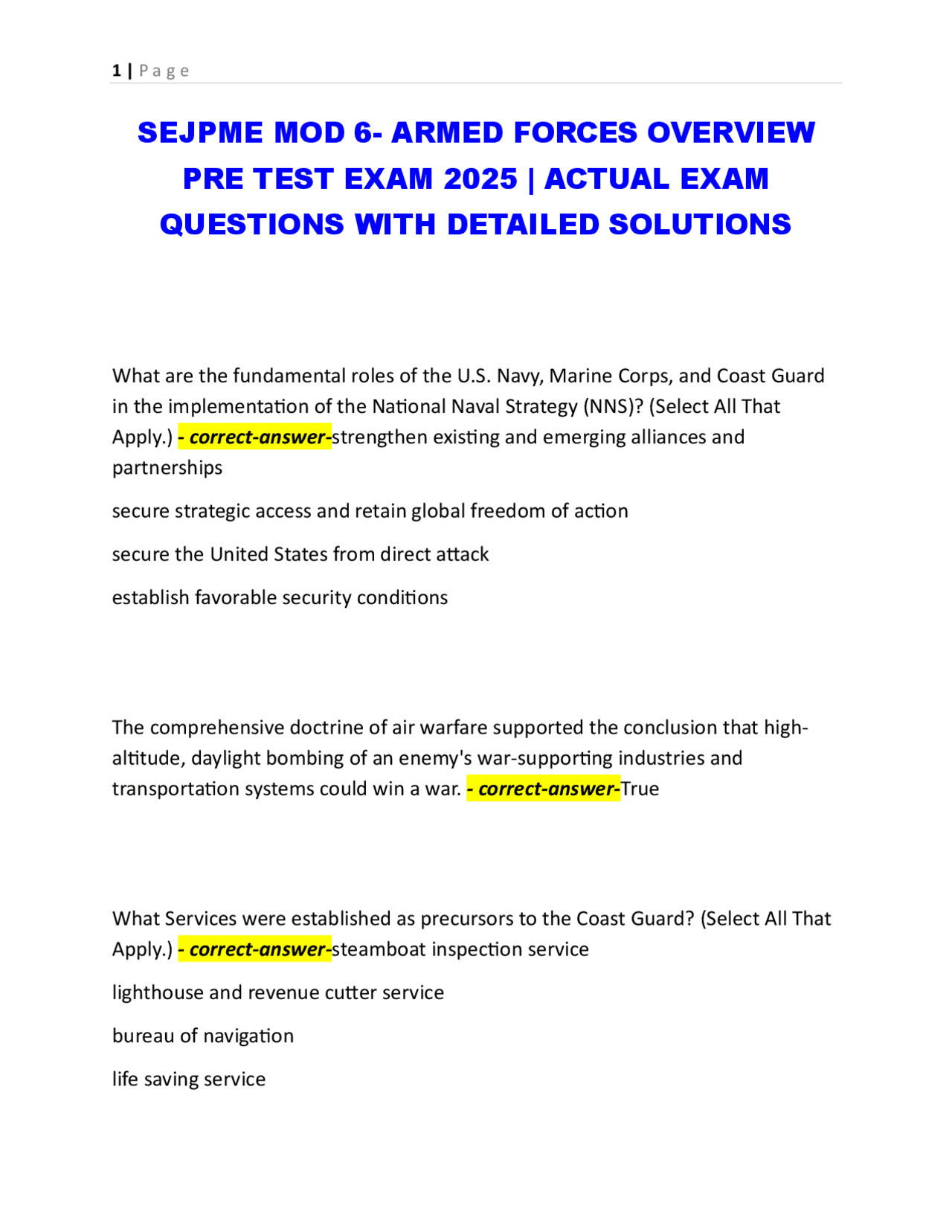 SEJPME MOD 6 - Armed Forces Overview: Exam Questions and Solutions ...