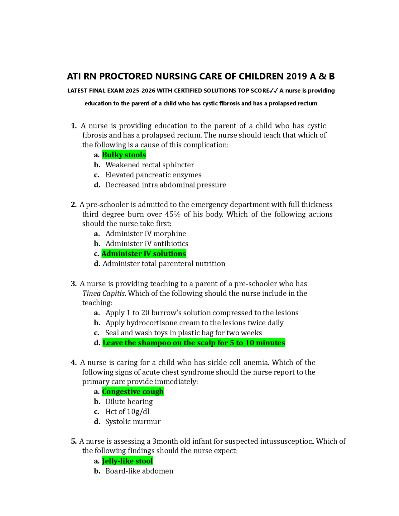 ATI RN PROCTORED NURSING CARE OF CHILDREN 2019 A & B LATEST FINAL EXAM ...