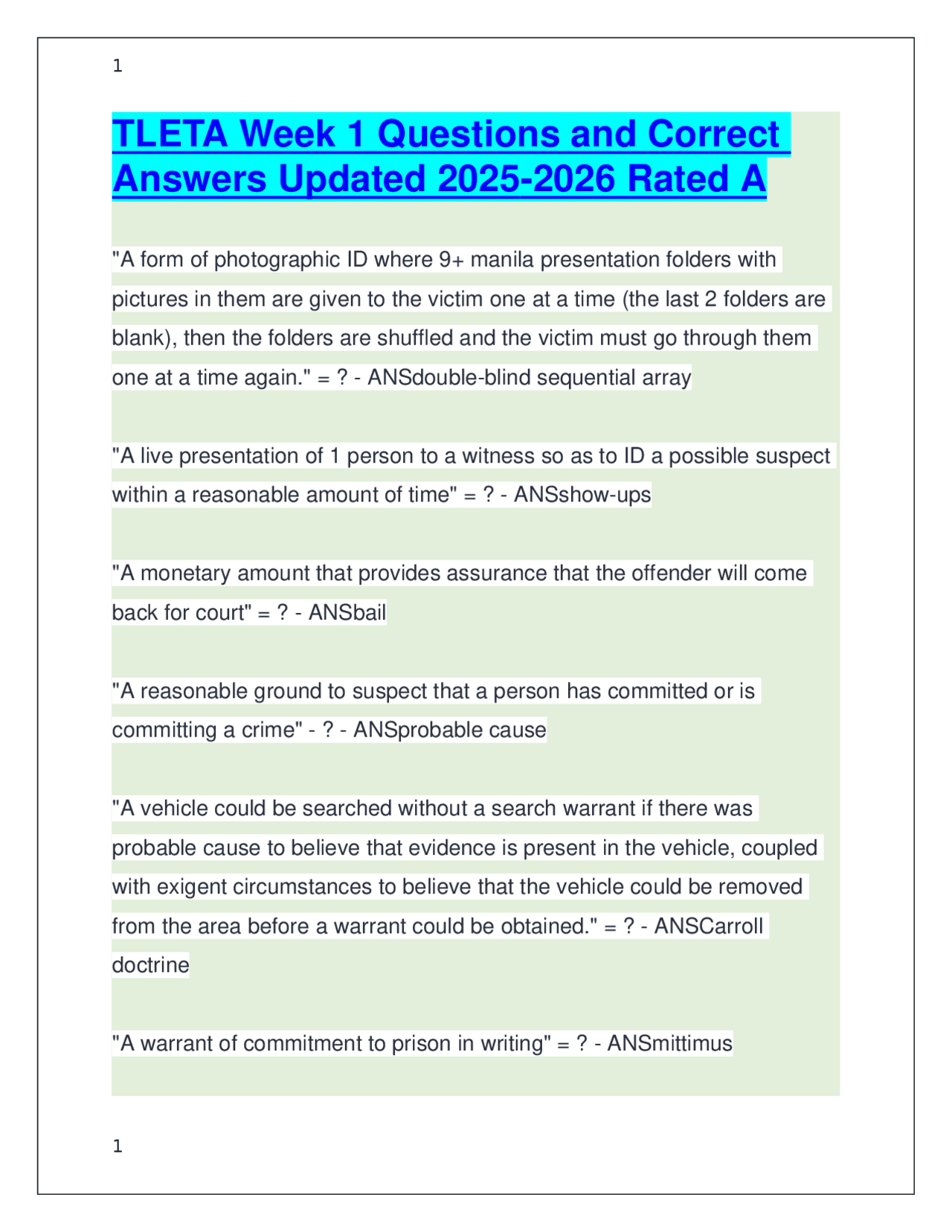 TLETA Test 1 Questions and Correct Answers 2025-2026 Rated A | Exams ...