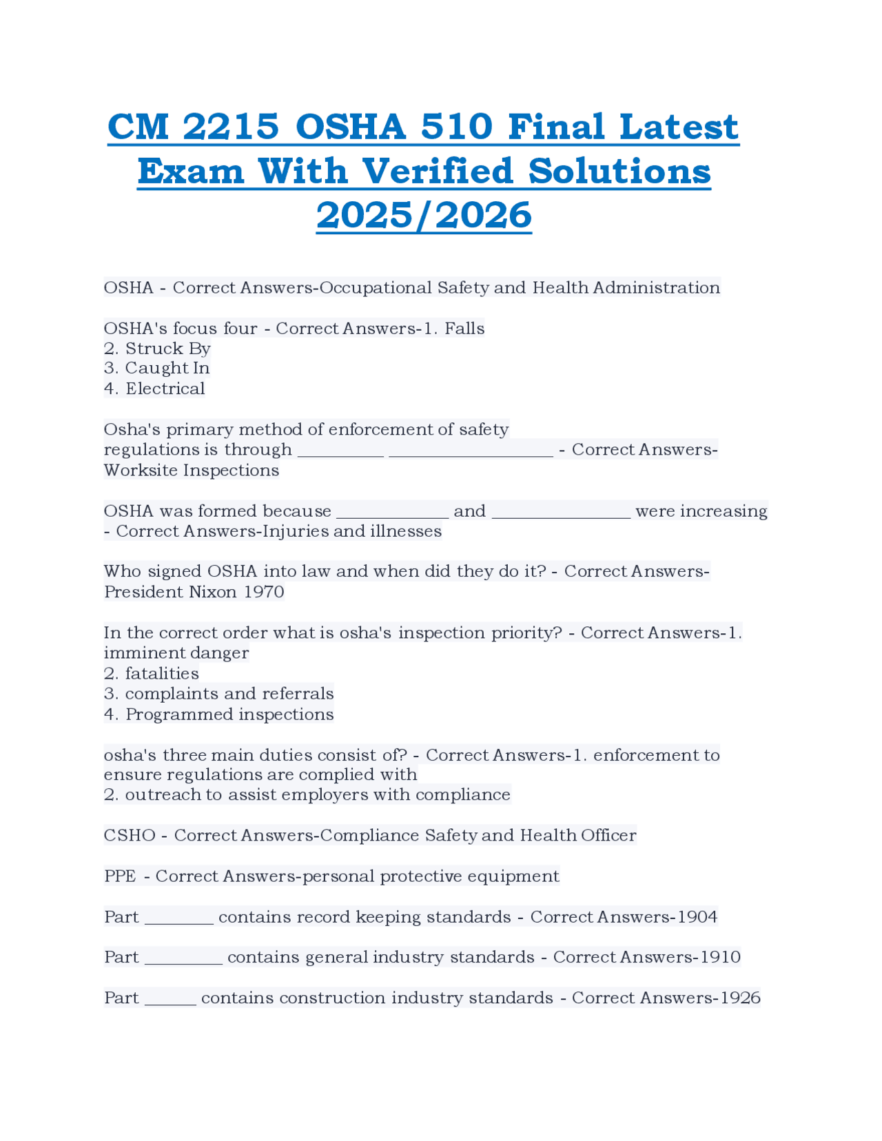 OSHA Safety Regulations Exam Prep: Questions and Verified Answers ...