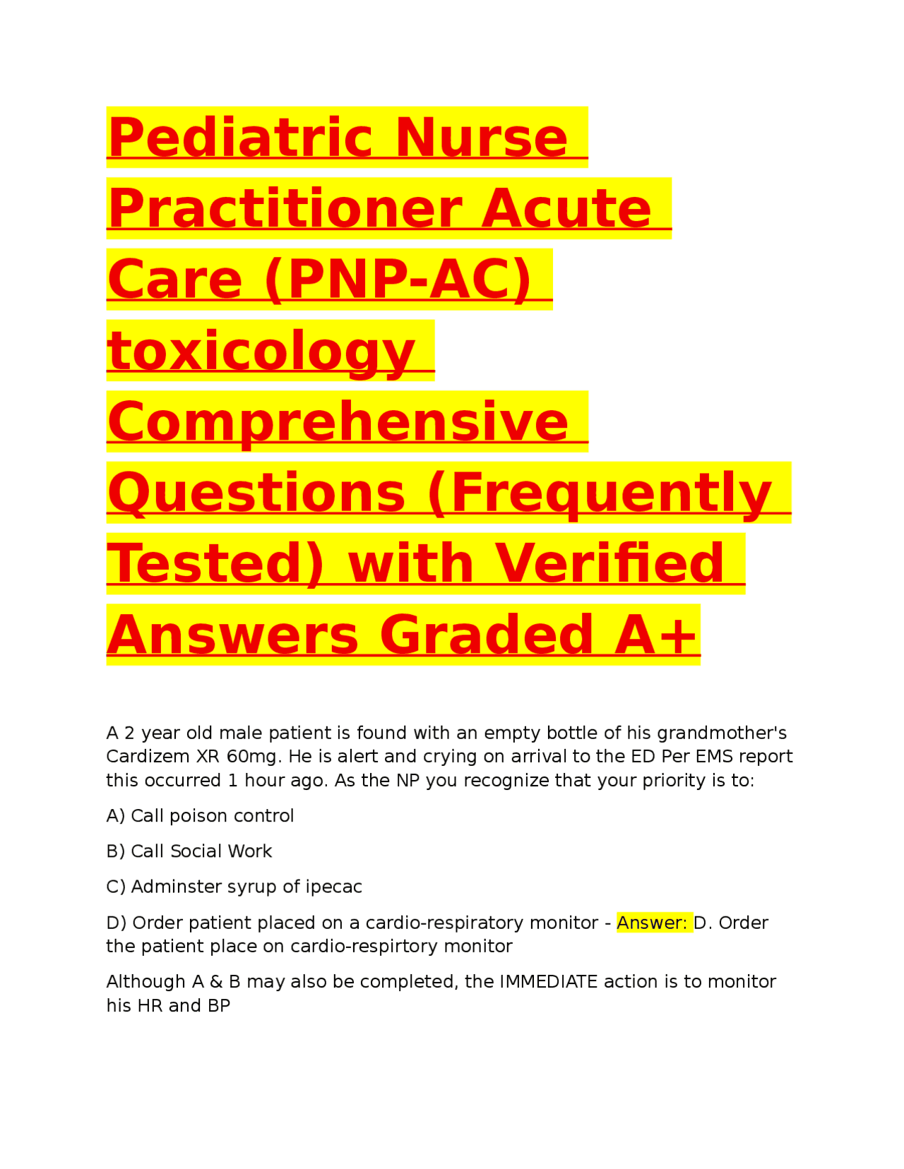 Pediatric Nurse Practitioner Acute Care (PNP-AC) toxicology Comprehensive Questions (Frequ ...