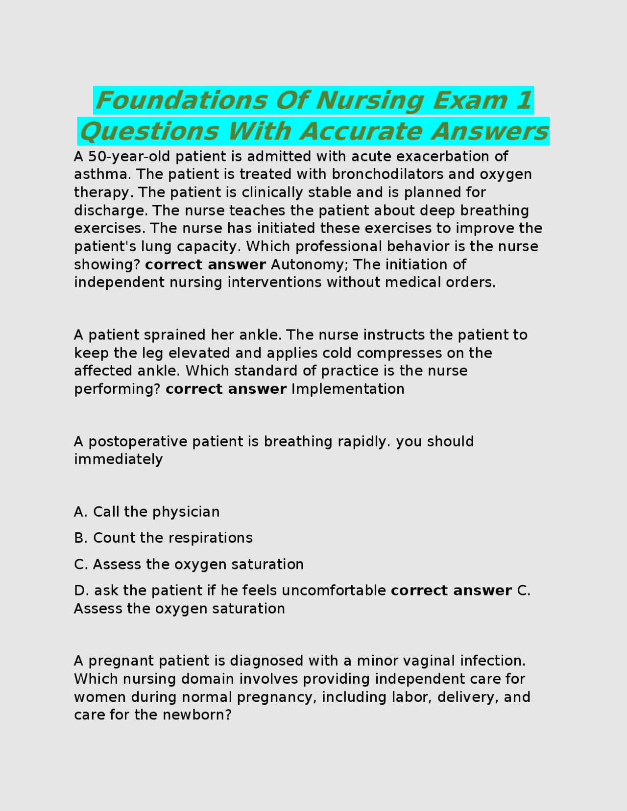 Foundations Of Nursing Exam 1 Questions With Accurate Answers | Exams ...