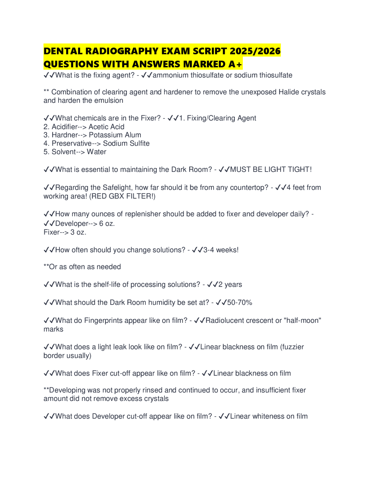 DENTAL RADIOGRAPHY EXAM SCRIPT 2025/2026 QUESTIONS WITH ANSWERS MARKED ...