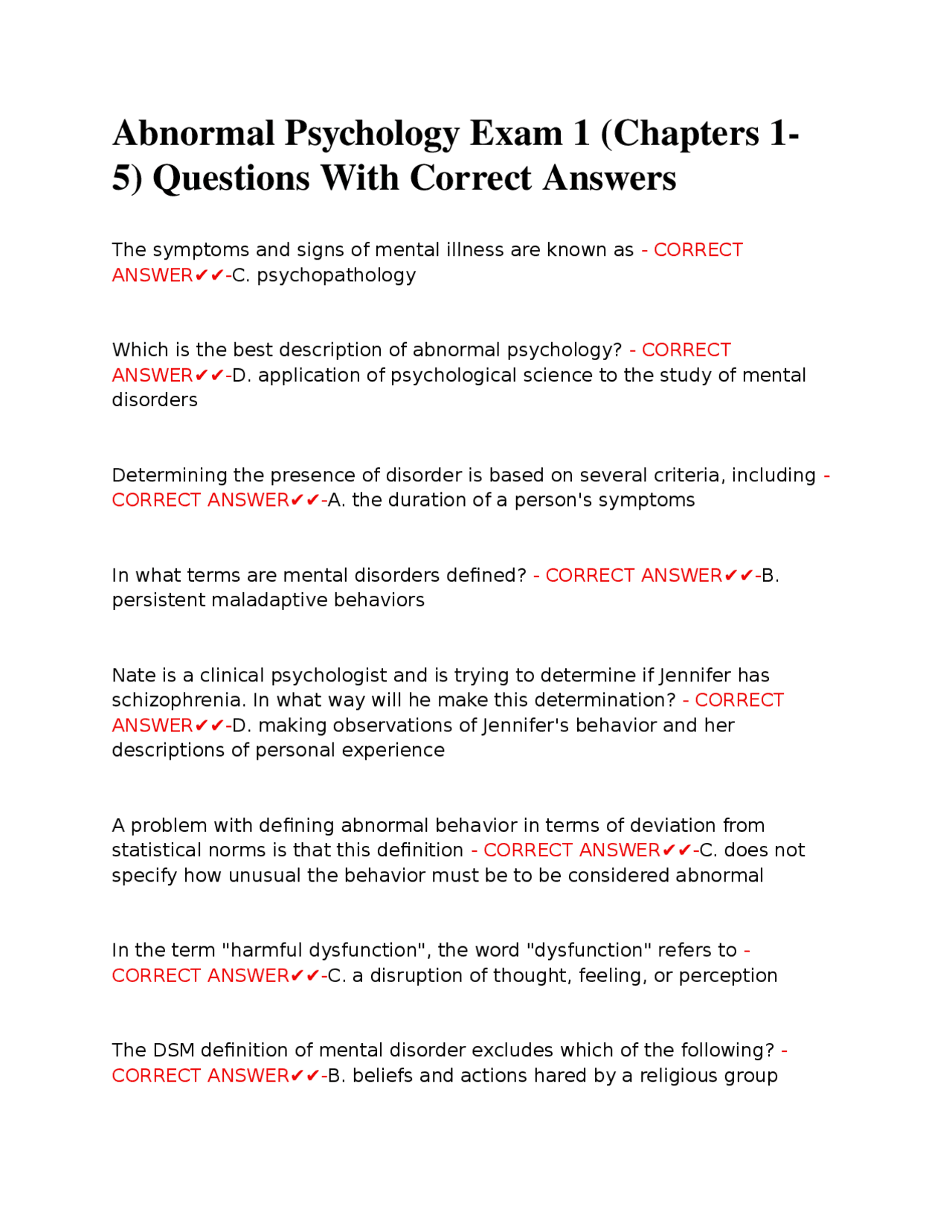 Abnormal Psychology Exam 1 (Chapters 1-5) Questions With Correct ...