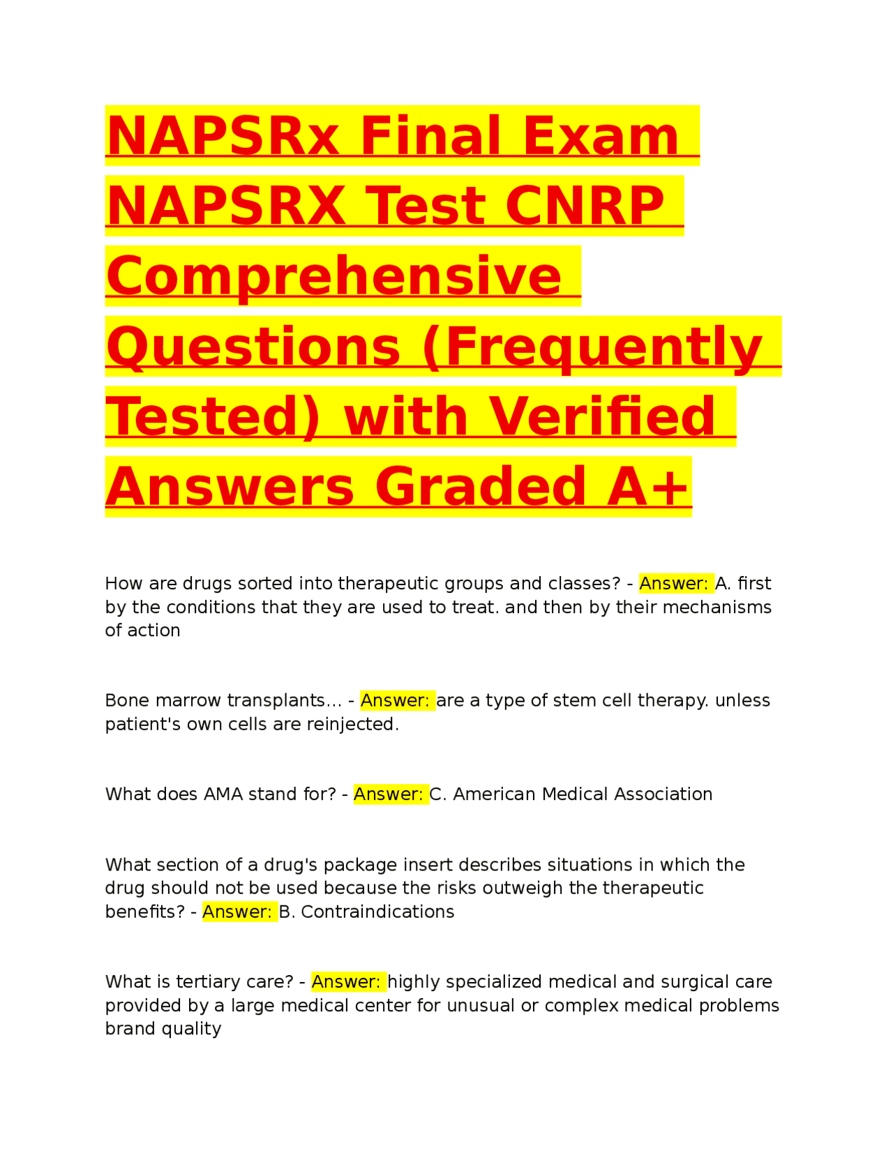 Napsrx NAPSRx Final Exam NAPSRX Test CNRP Comprehensive Questions (Frequently ...