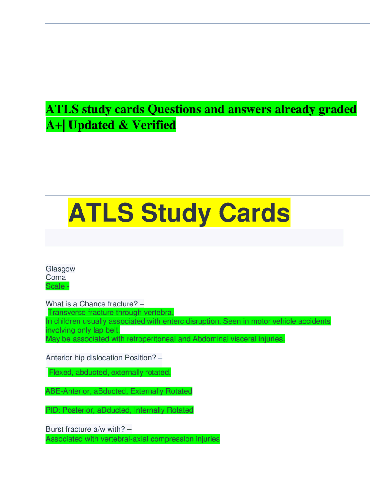 ATLS study cards Questions and answers already graded A+| Updated ...