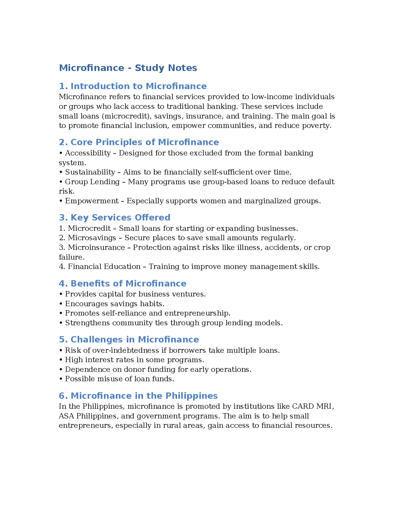 Notes in Microfinance | Lecture notes Microfinance | Docsity