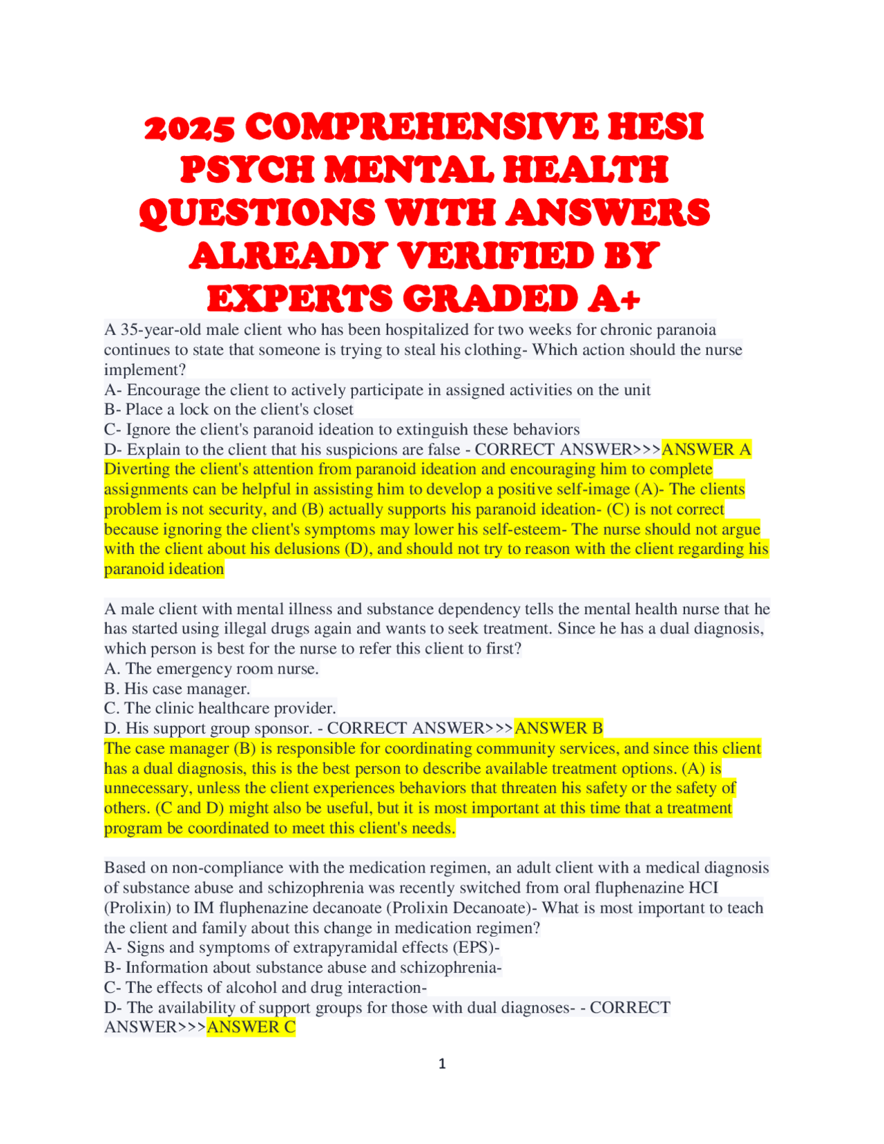 2025 COMPREHENSIVE HESI PSYCH MENTAL HEALTH QUESTIONS WITH ANSWERS ...