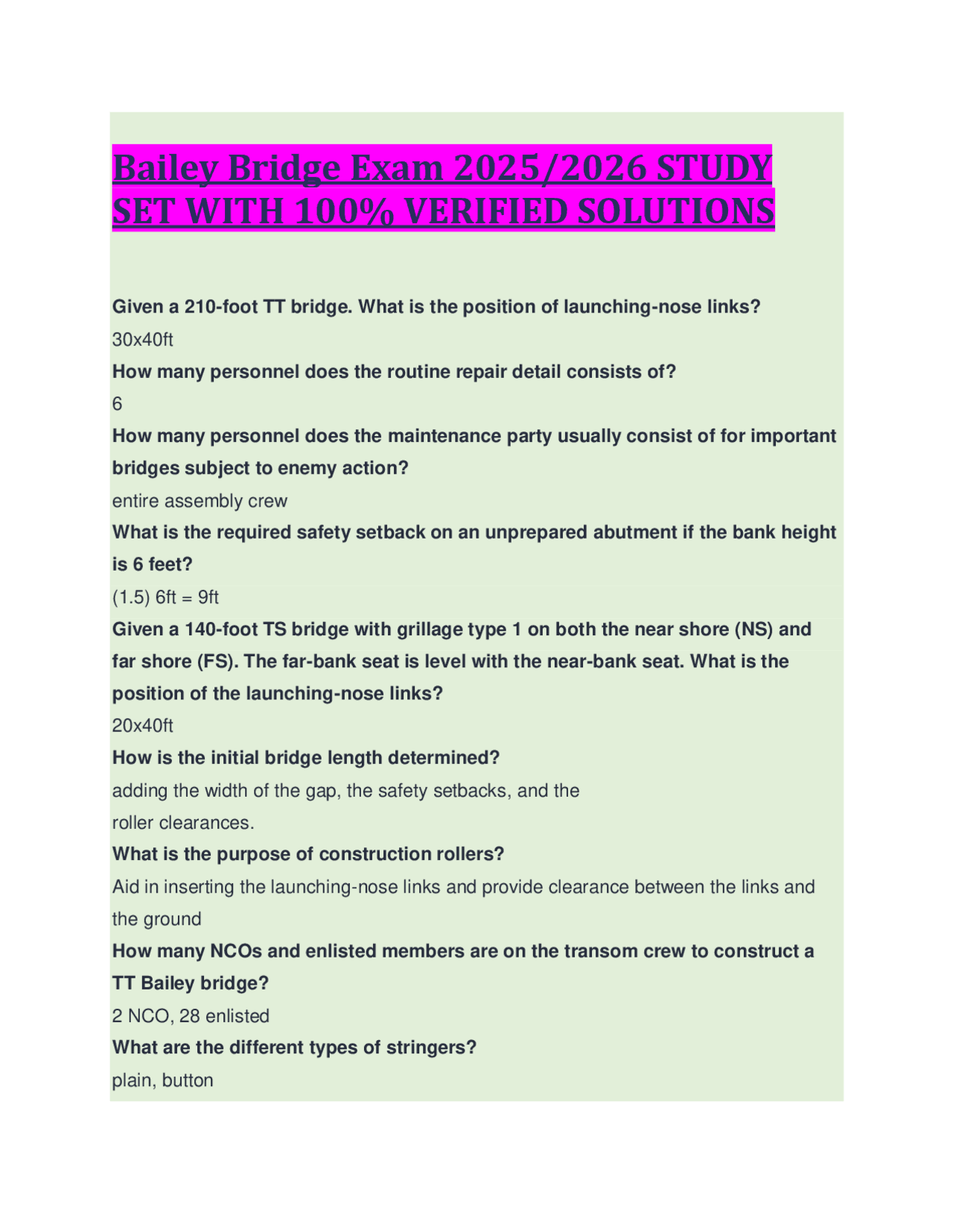 Bailey Bridge Exam 2025/2026 STUDY SET WITH 100% VERIFIED SOLUTIONS ...