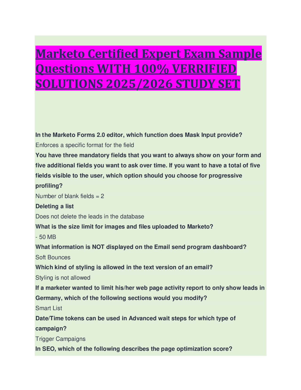 Marketo Certified Expert Exam Sample Questions WITH 100% VERRIFIED SOLUTIONS 2025/2026 STU ...