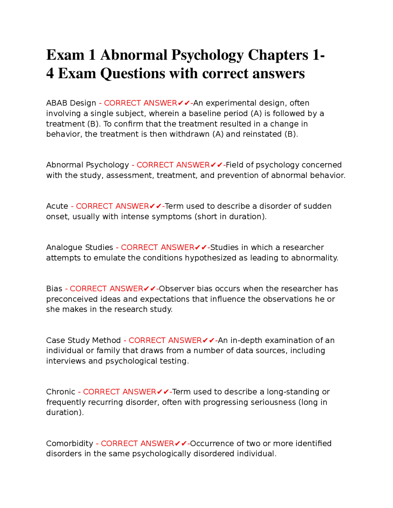 Exam 1 Abnormal Psychology Chapters 1-4 Exam Questions with correct ...