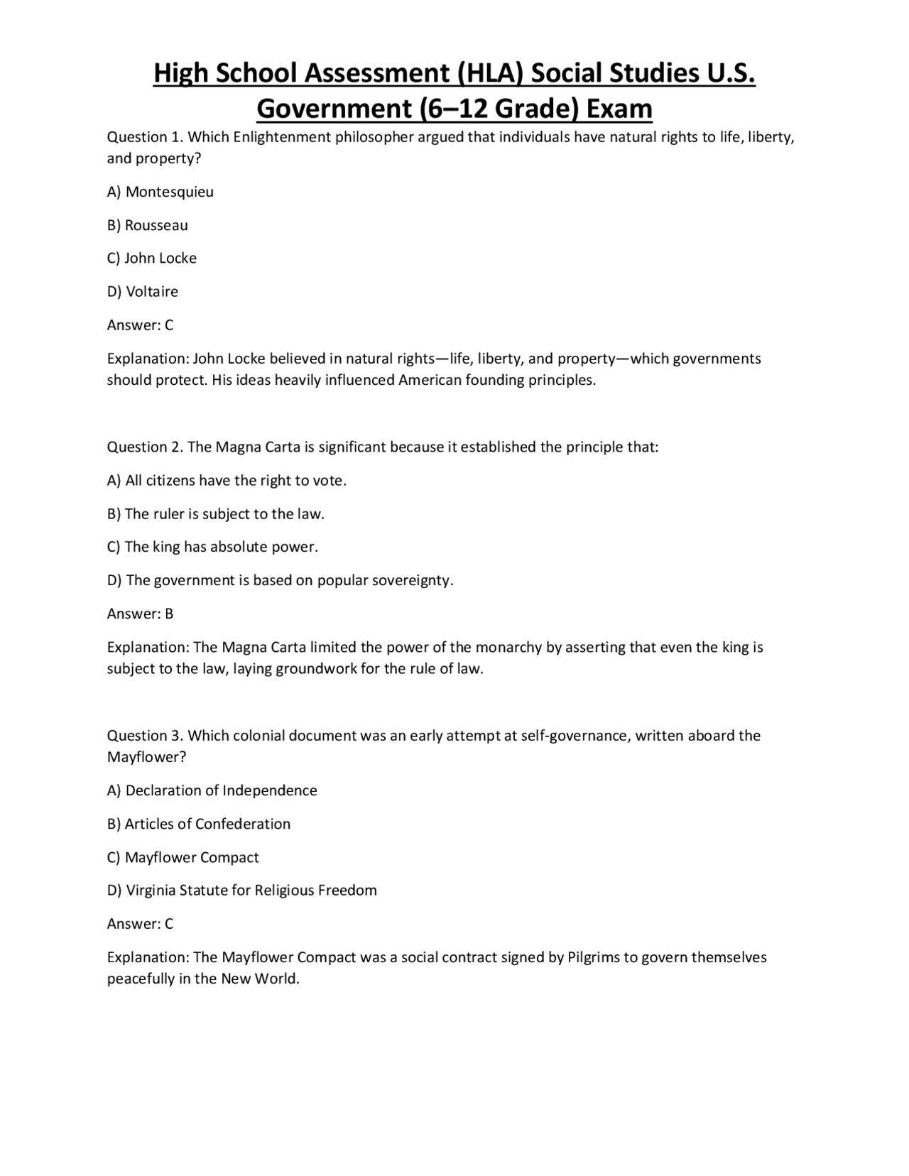 High School Assessment (HLA) Social Studies U.S. Government (6–12 Grade ...