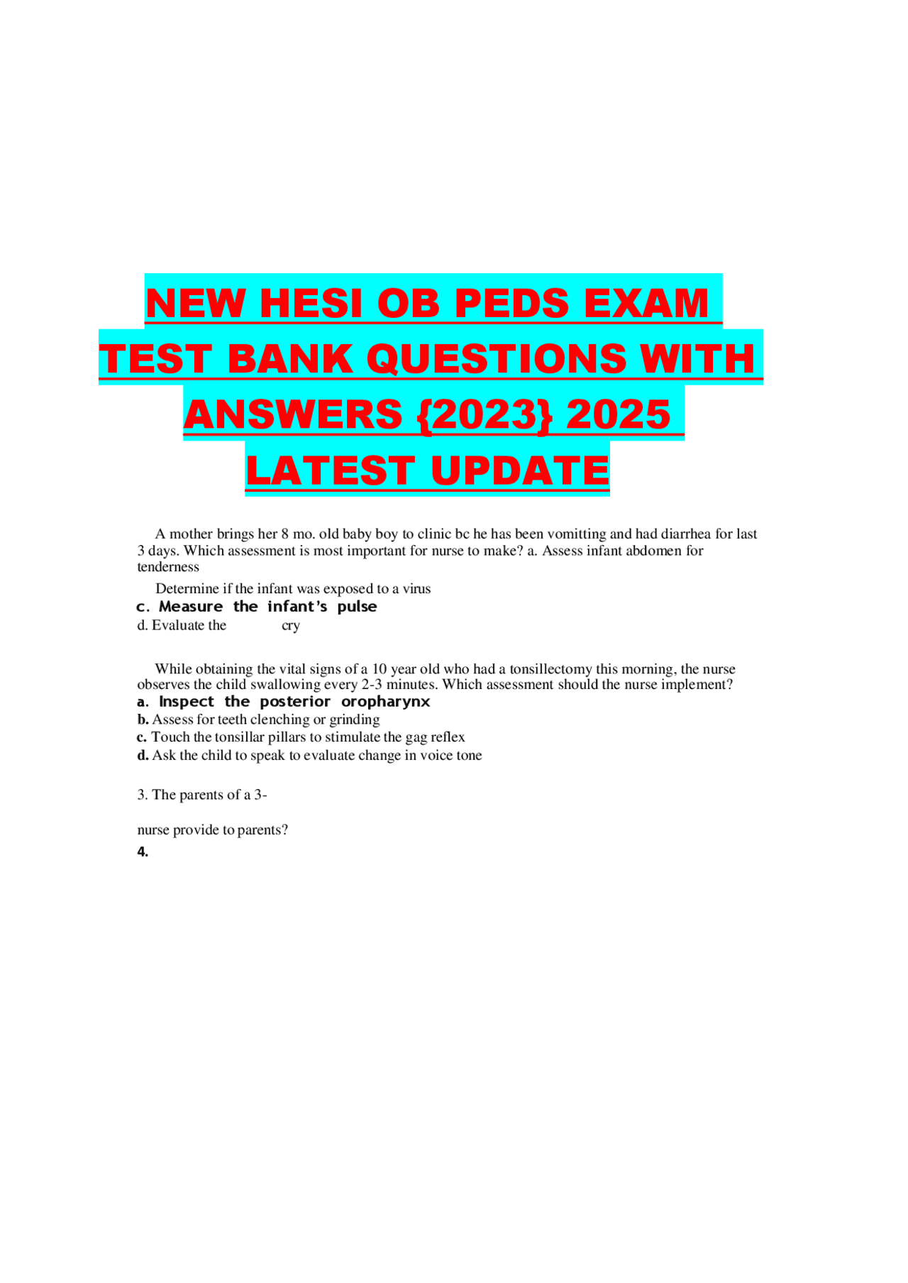 NEW HESI OB PEDS EXAM TEST BANK QUESTIONS WITH ANSWERS {2023} 2025 ...
