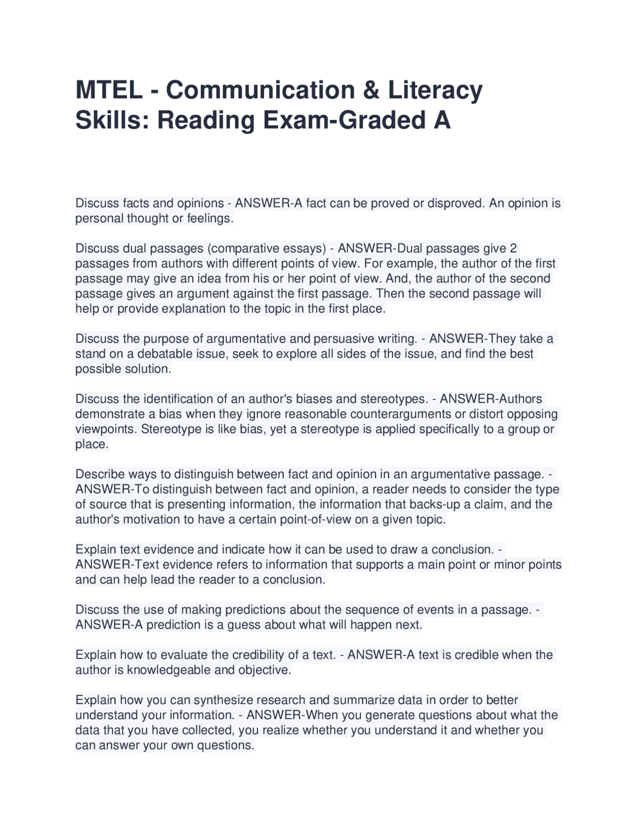 MTEL - Communication & Literacy Skills Reading Exam-Graded A | Exams ...
