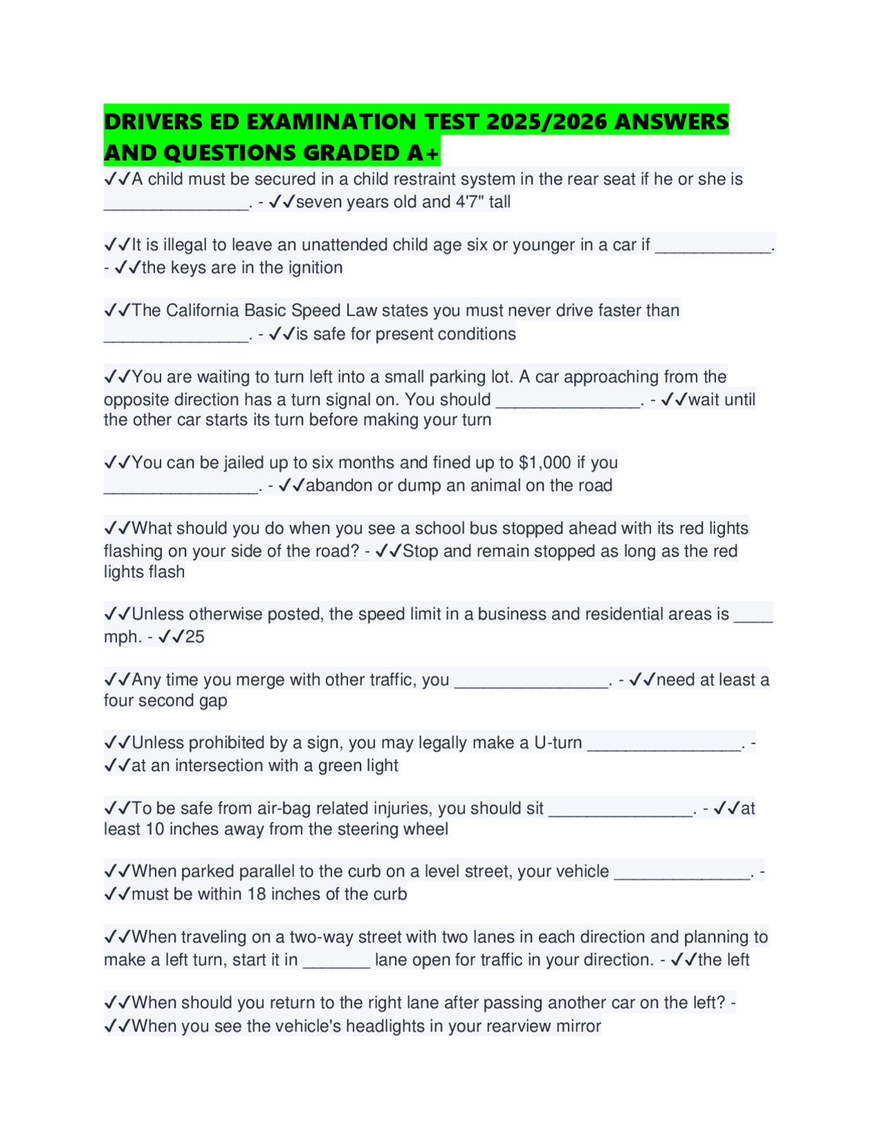 DRIVERS ED EXAMINATION TEST 2025/2026 ANSWERS AND QUESTIONS GRADED A+ ...