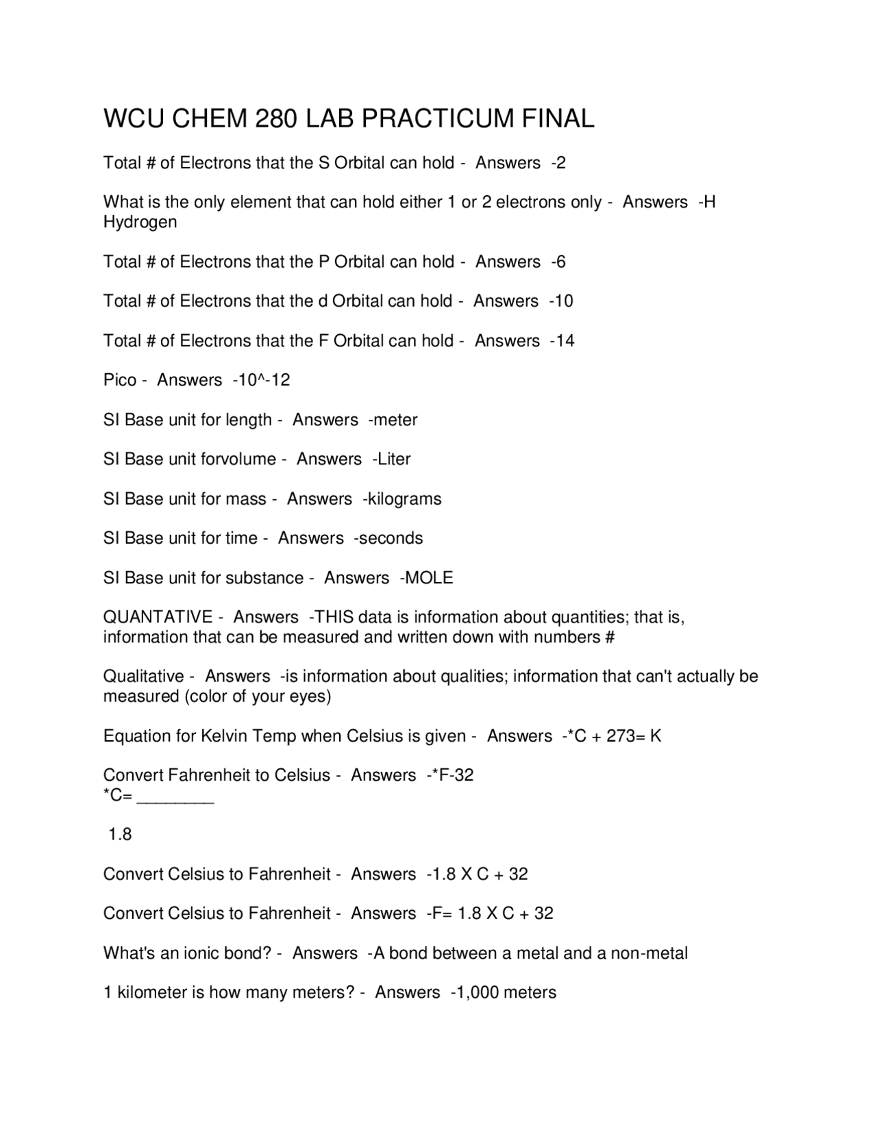 Chem Lab Questions Chemistry Lab Practicum Final Exam Questions and Answers | Exams ...