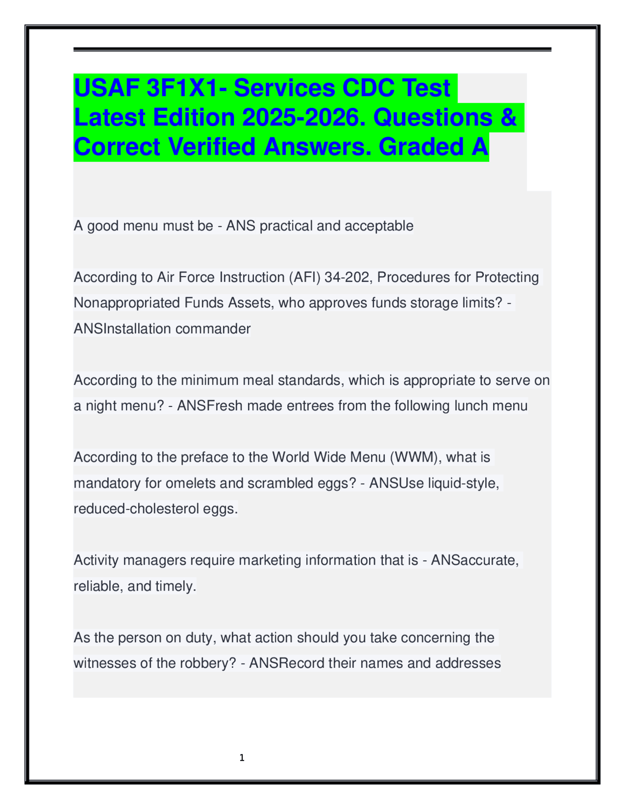 USAF Services CDC Test Prep: Questions and Verified Answers | Exams ...