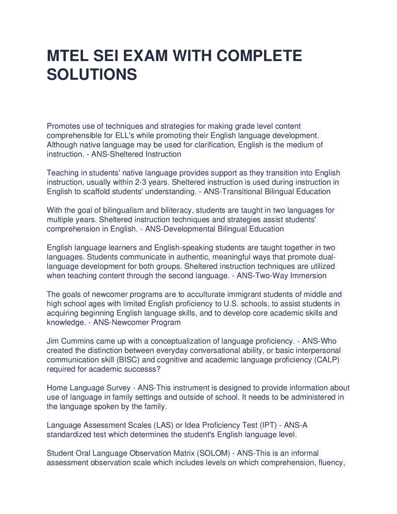 MTEL SEI EXAM WITH COMPLETE SOLUTIONS | Exams Advanced Education | Docsity
