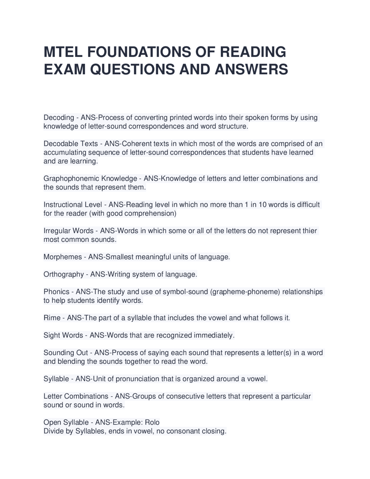 MTEL FOUNDATIONS OF READING EXAM QUESTIONS AND ANSWERS | Exams Advanced ...