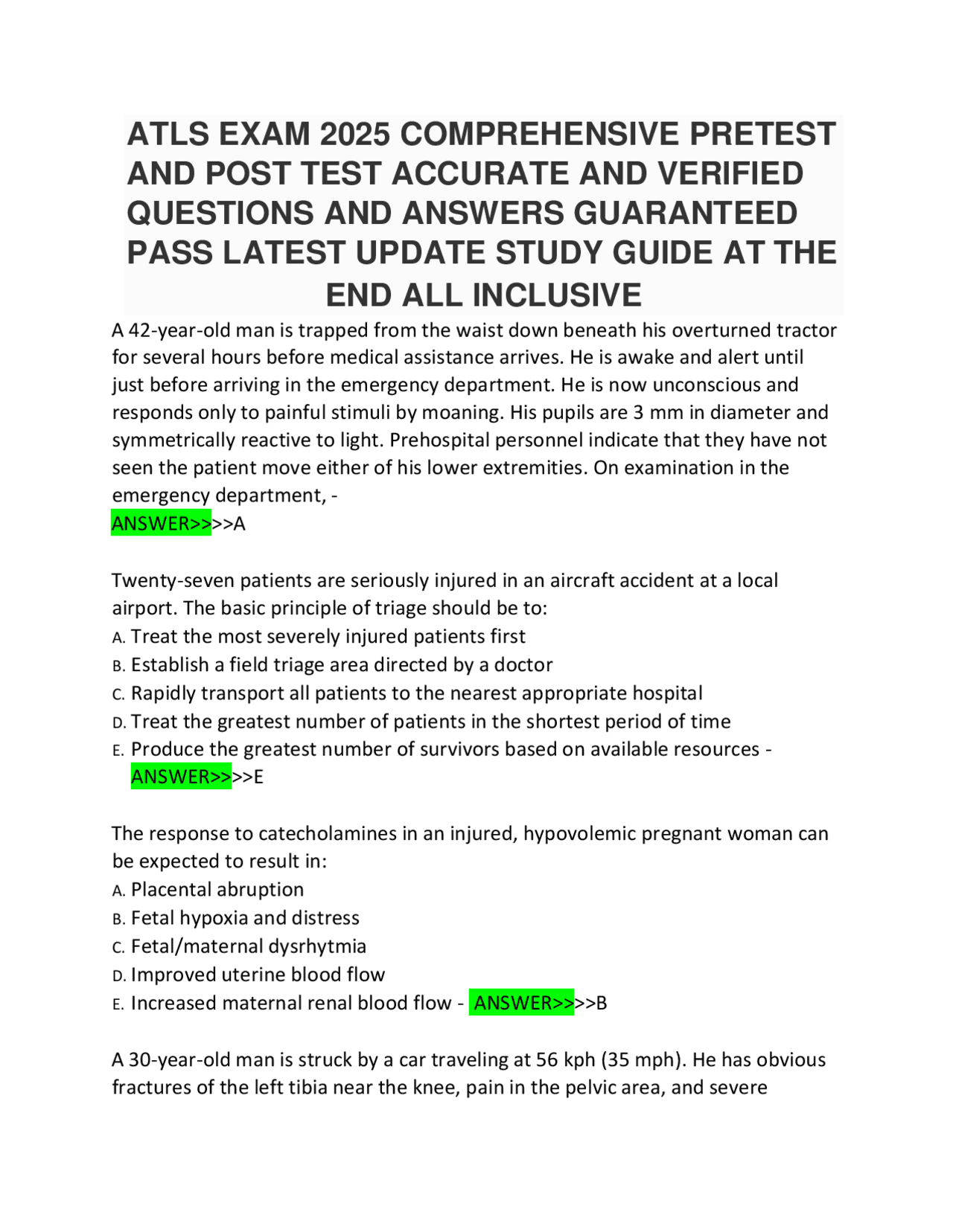 ATLS EXAM 2025 COMPREHENSIVE PRETEST AND POST TEST ACCURATE AND ...