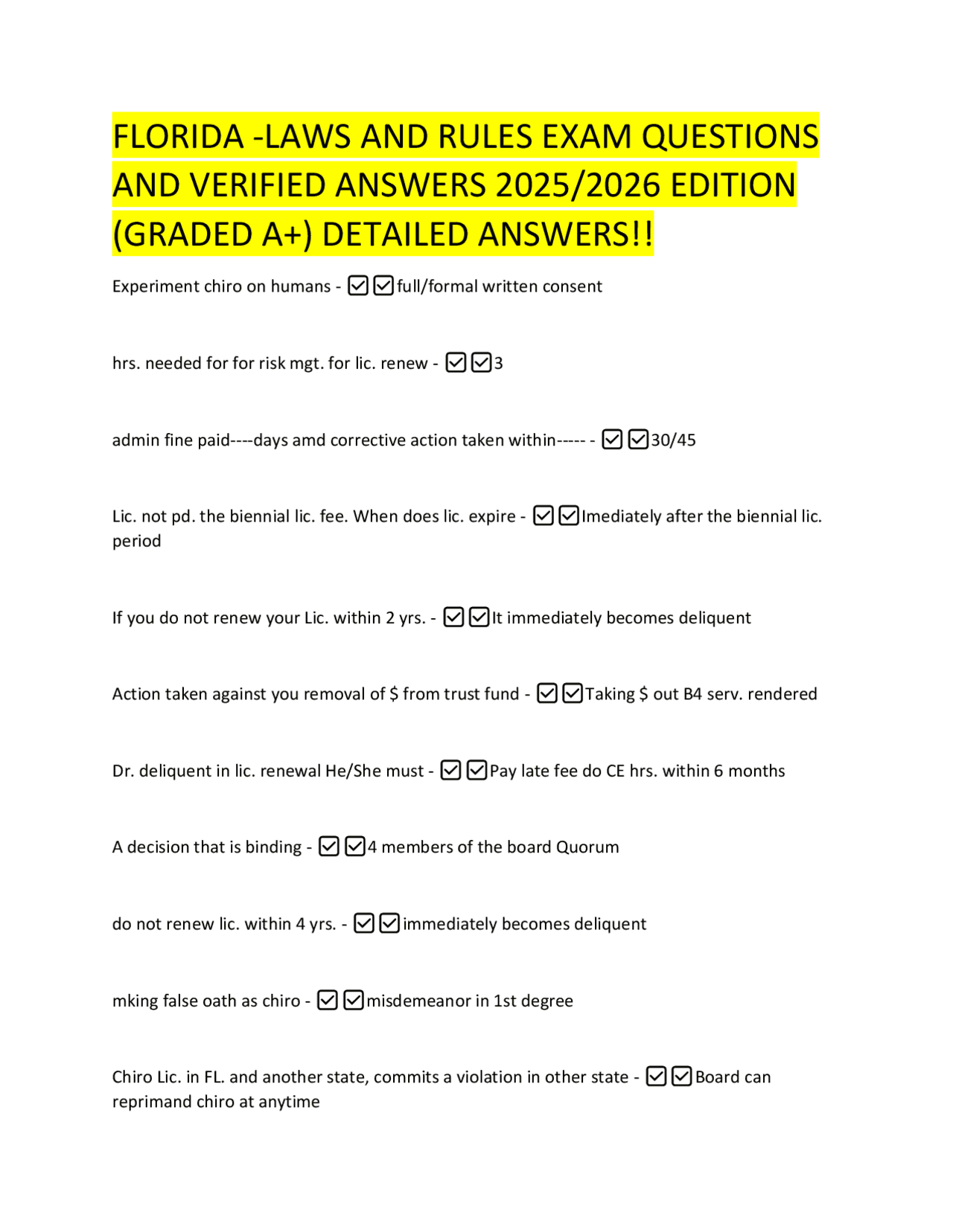 FLORIDA -LAWS AND RULES EXAM QUESTIONS AND VERIFIED ANSWERS 2025/2026 ...