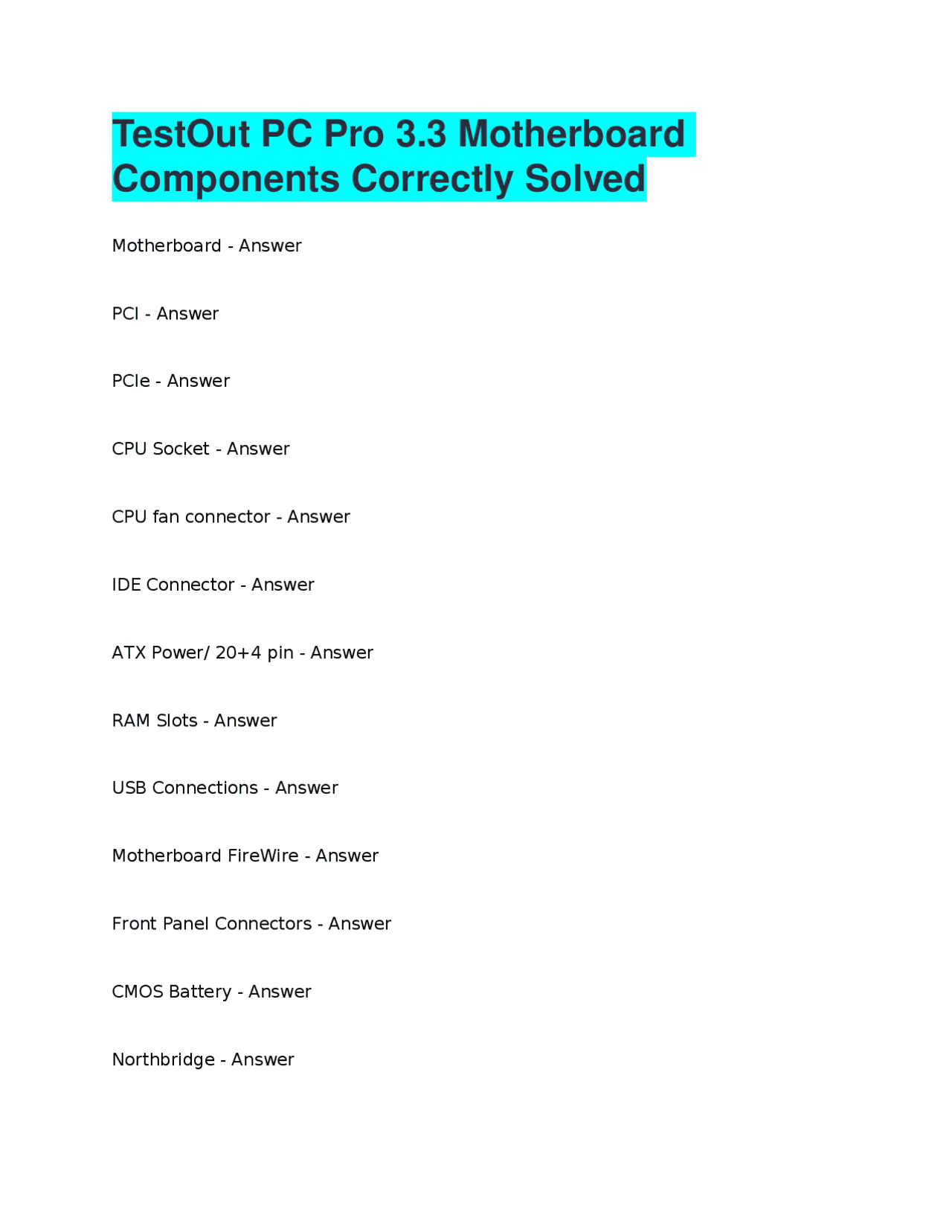 TestOut PC Pro 3.3 Motherboard Components Correctly Solved | Exams ...
