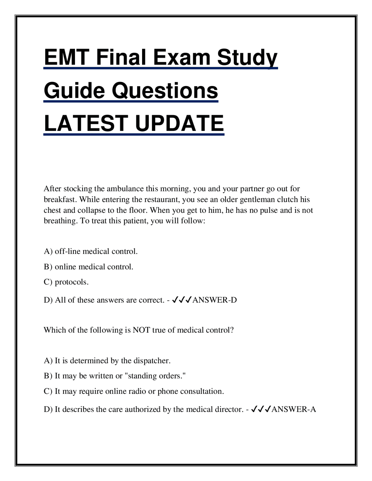 EMT Final Exam Study Guide Questions 2025 – Latest Updated with ...