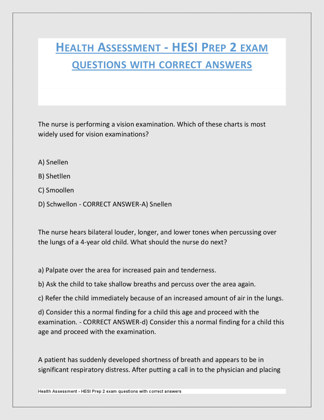 HEALTH ASSESSMENT- HESI PREP 2 EXAM QUESTIONS WITH CORRECT ANSWERS 2025 ...