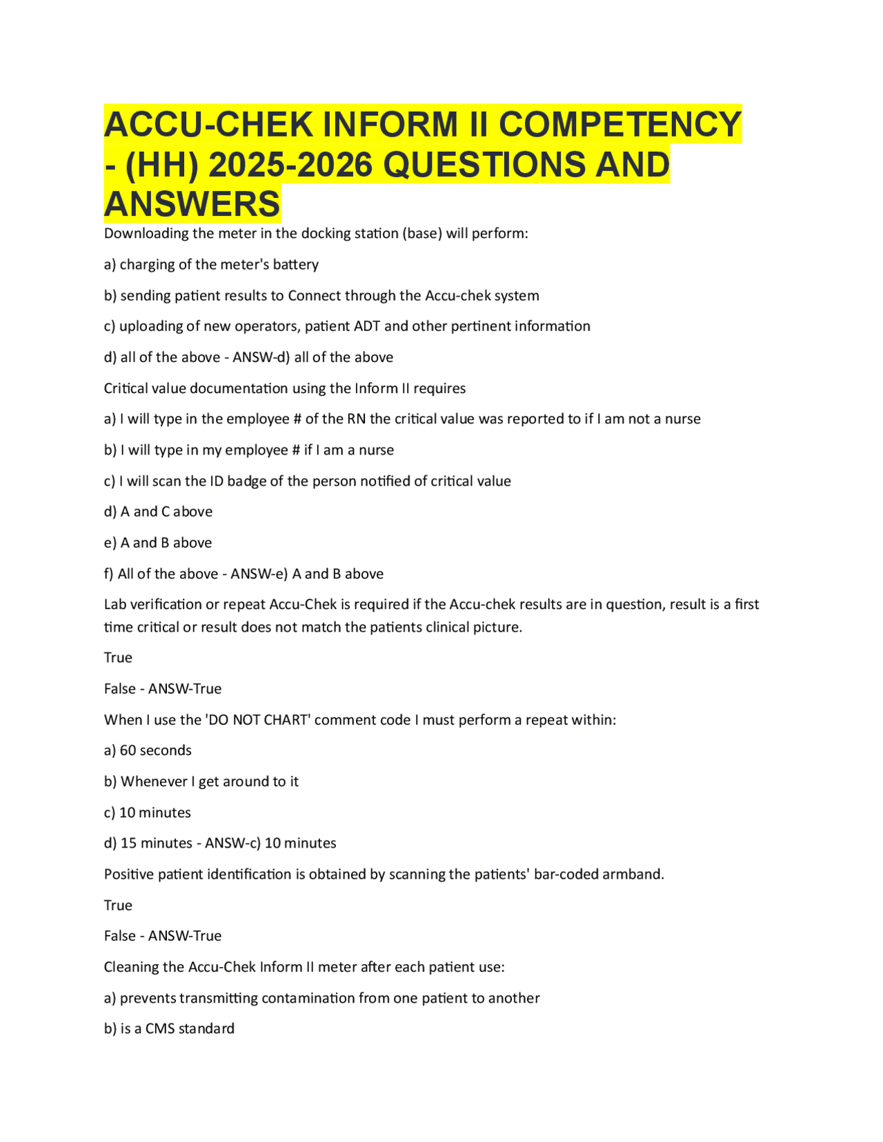 Check Competency Answers ACCU-CHEK INFORM II COMPETENCY - (HH) 2025-2026 QUESTIONS AND ANSWERS ...