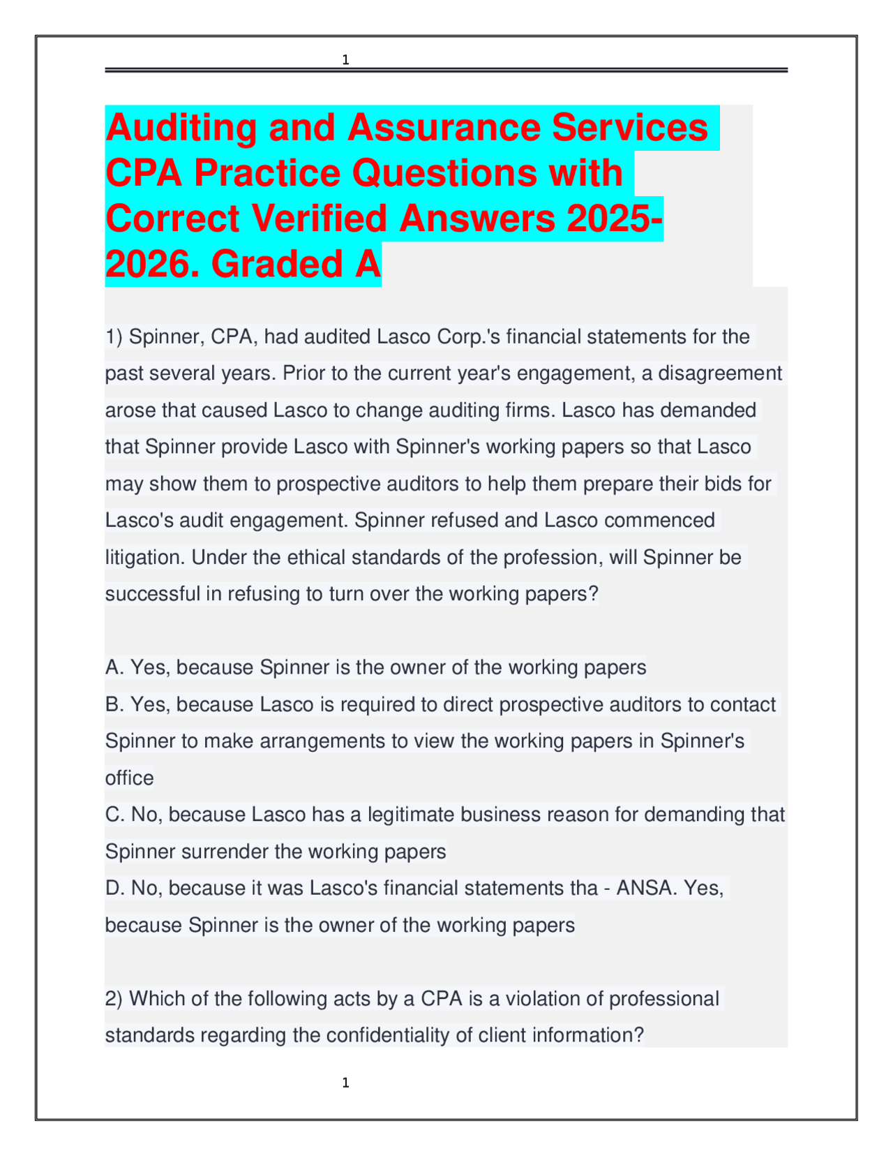 CPA Auditing and Assurance Practice Questions | Exams Auditing | Docsity