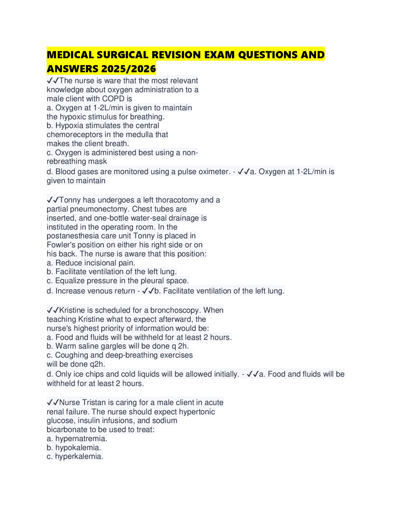 MEDICAL SURGICAL REVISION EXAM QUESTIONS AND ANSWERS 2025/2026 | Exams ...