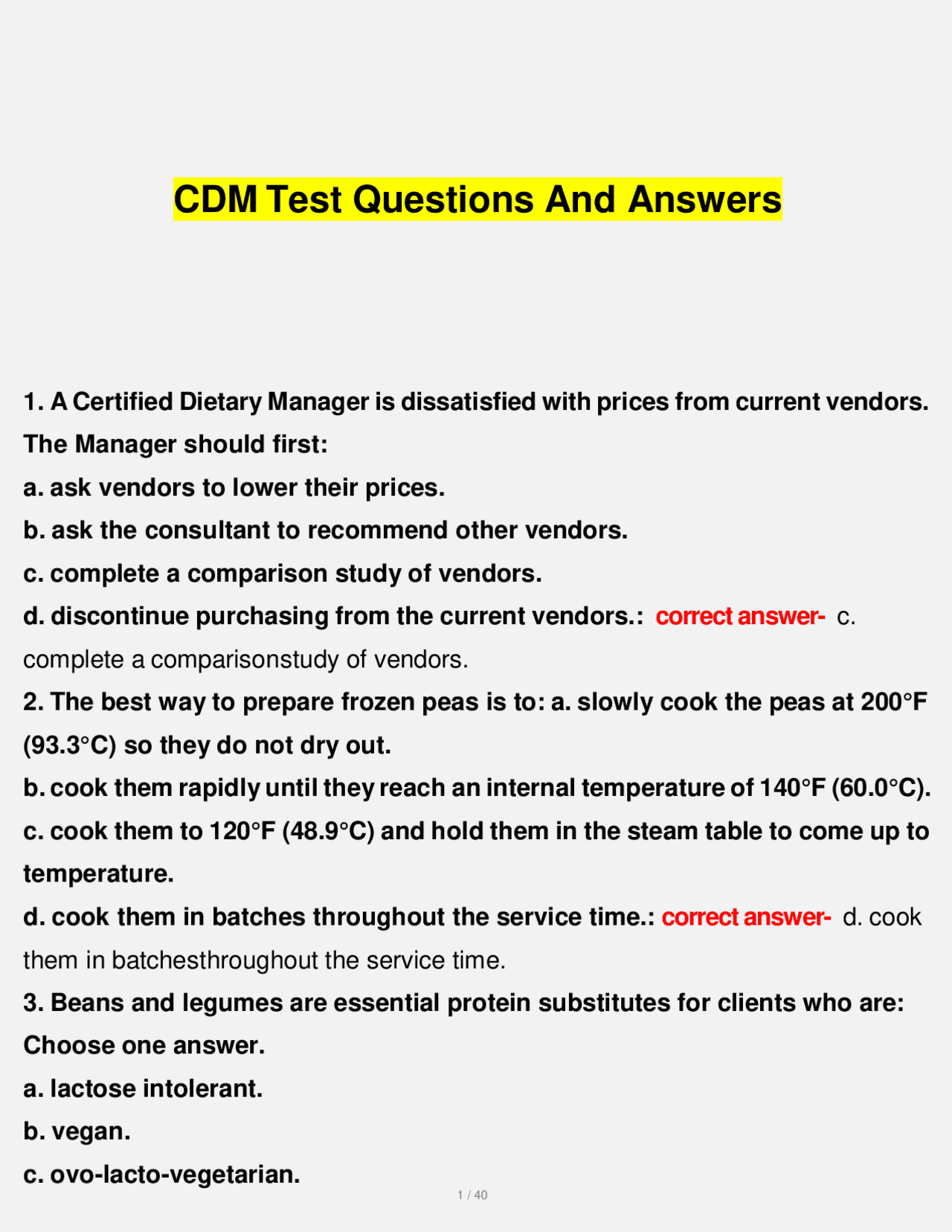 CDM TEST QUESTIONS AND ANSWERS | Exams Nursing | Docsity