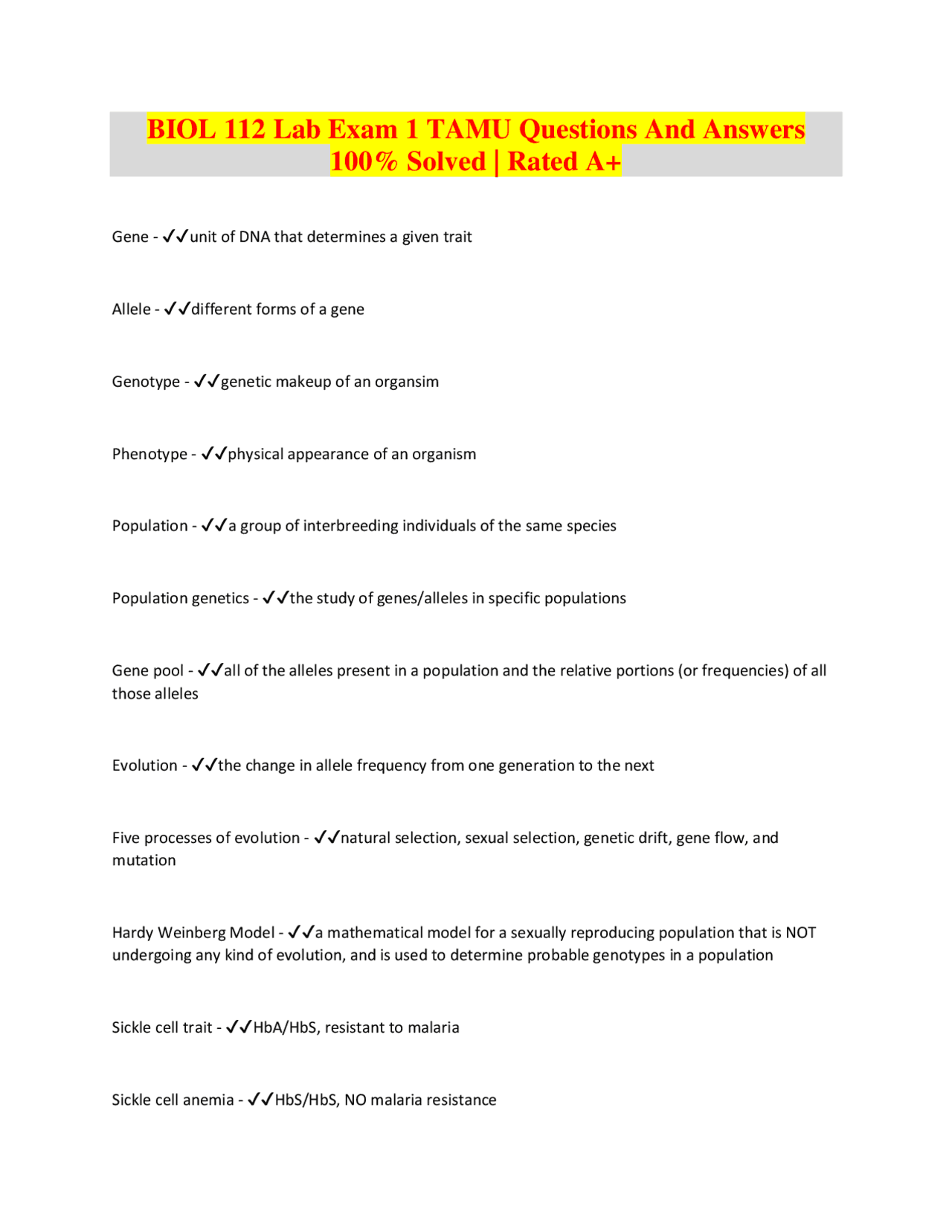 BIOL 112 Lab Exam 1 TAMU Questions And Answers 100% Solved | Rated A+ ...