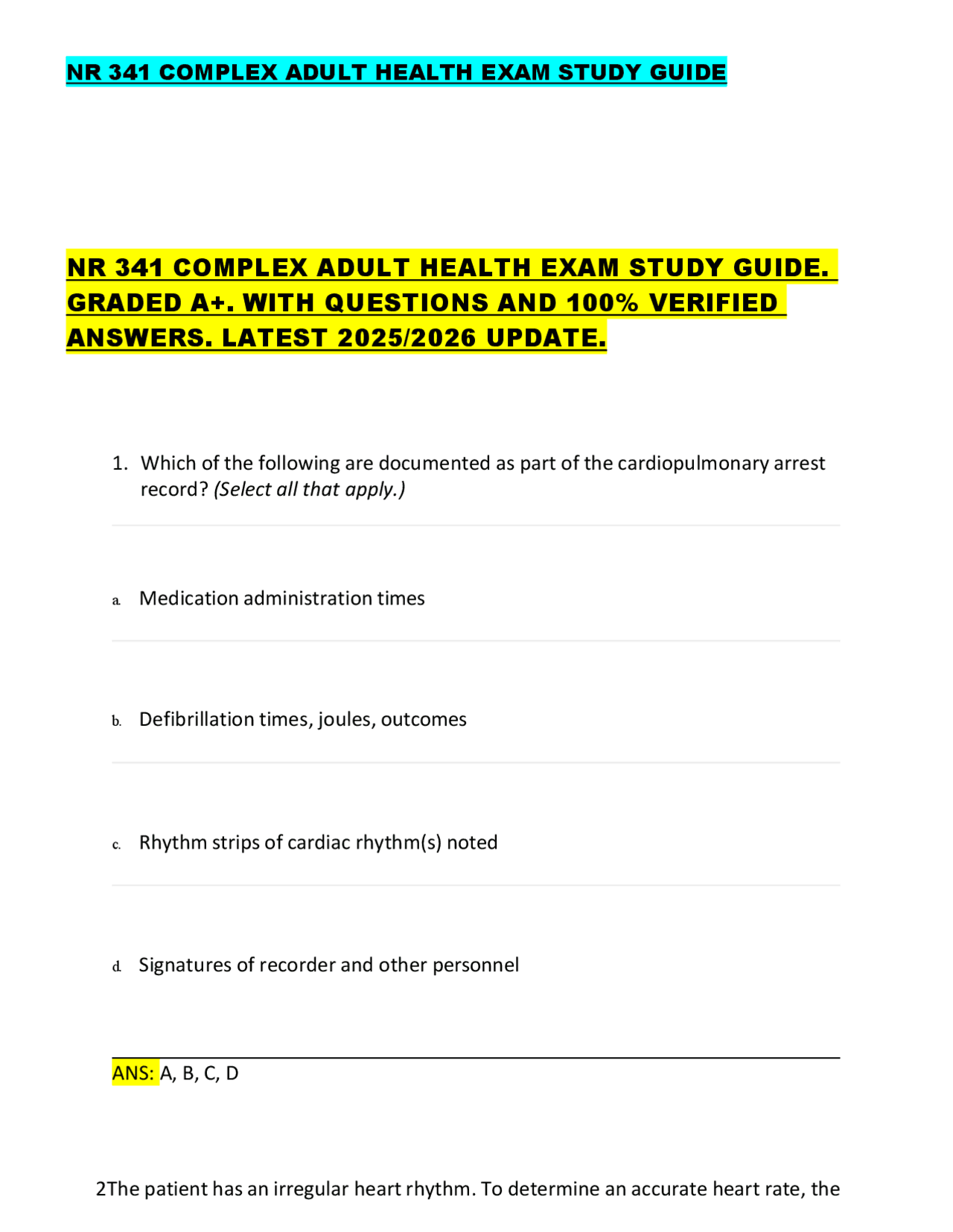 NR 341 COMPLEX ADULT HEALTH EXAM STUDY GUIDE NR 341 COMPLEX ADULT ...