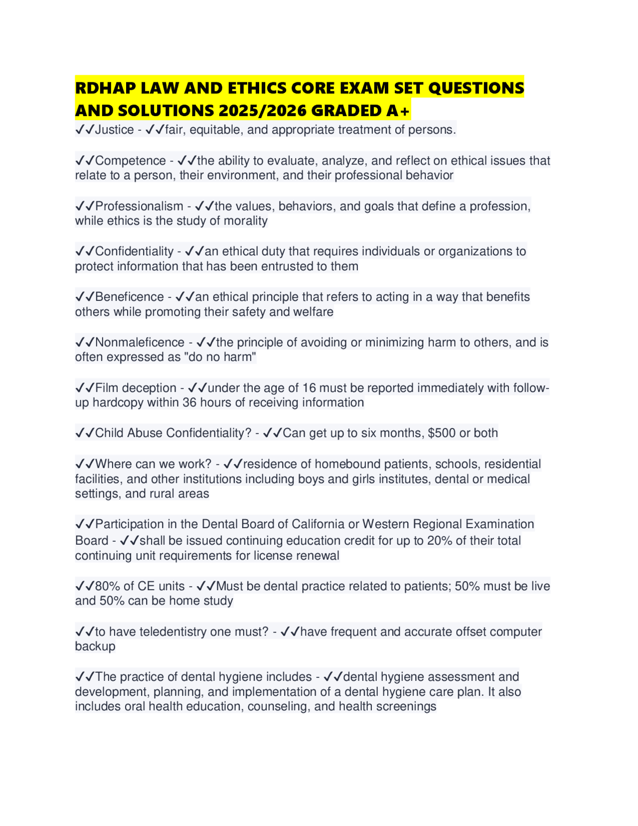 RDHAP Law and Ethics Exam Questions and Solutions: A Comprehensive ...