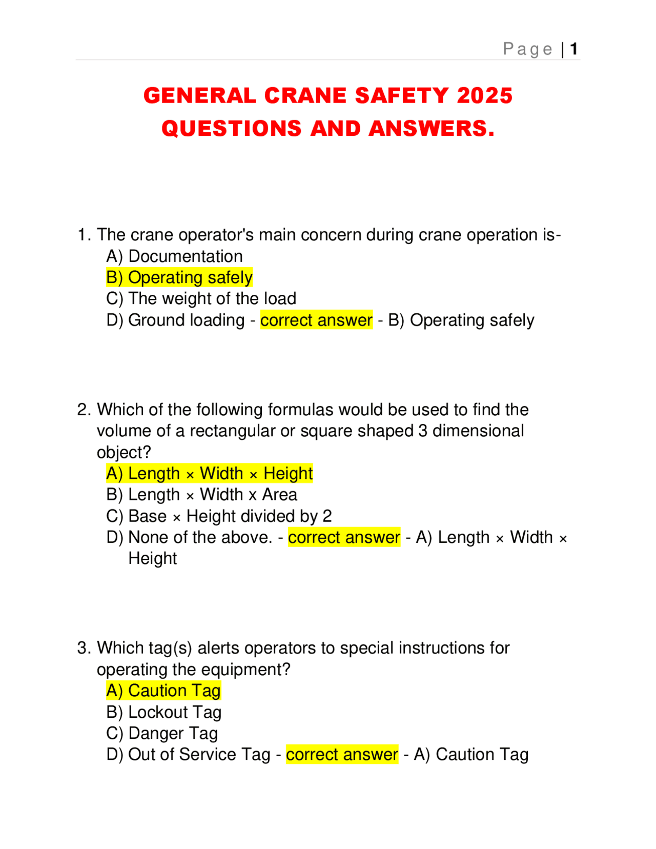 Crane Safety: Questions and Answers for Operators | Exams Nursing | Docsity
