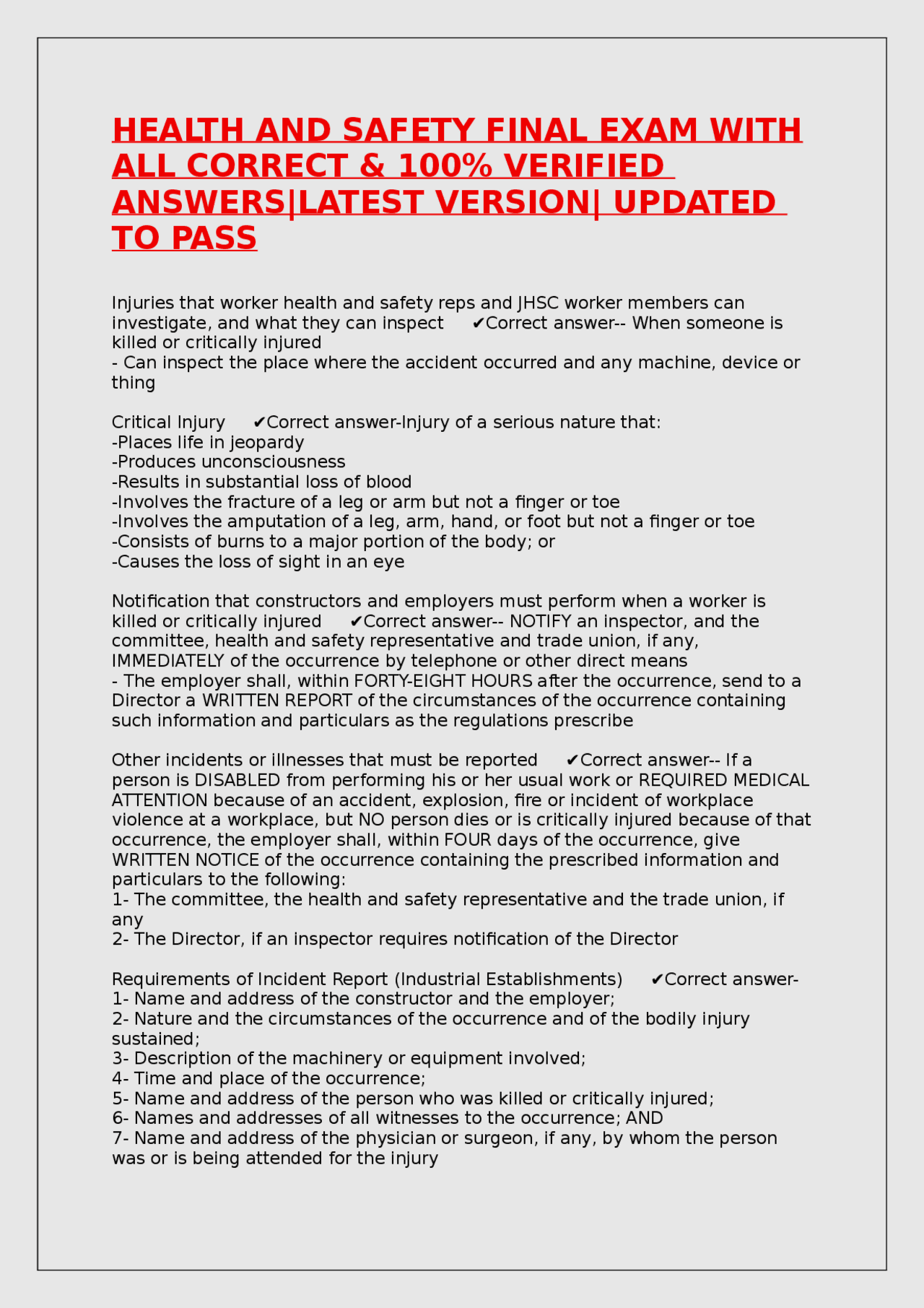 Health and Safety Final Exam: Verified Answers for OHS Professionals ...