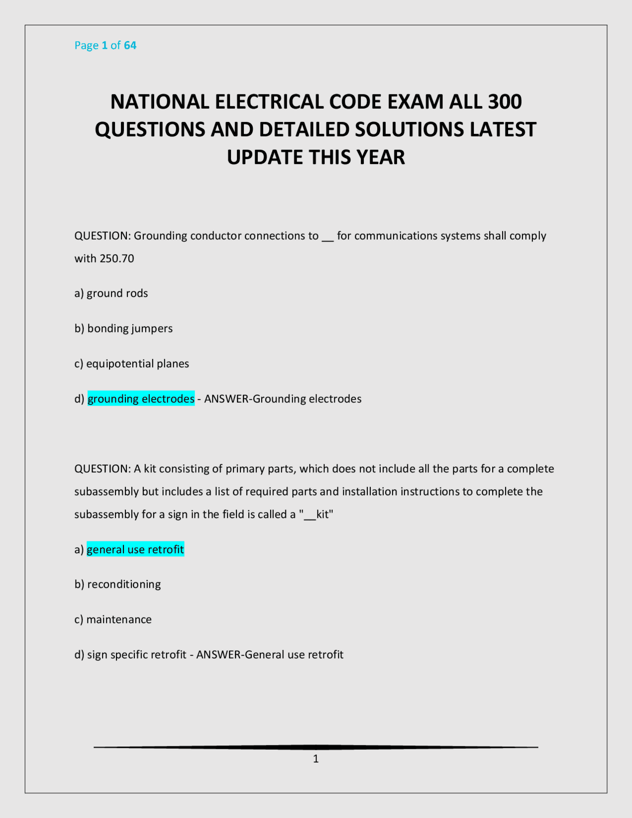 Nec Code Questions NATIONAL ELECTRICAL CODE EXAM ALL 300 QUESTIONS AND DETAILED SOLUTIONS ...
