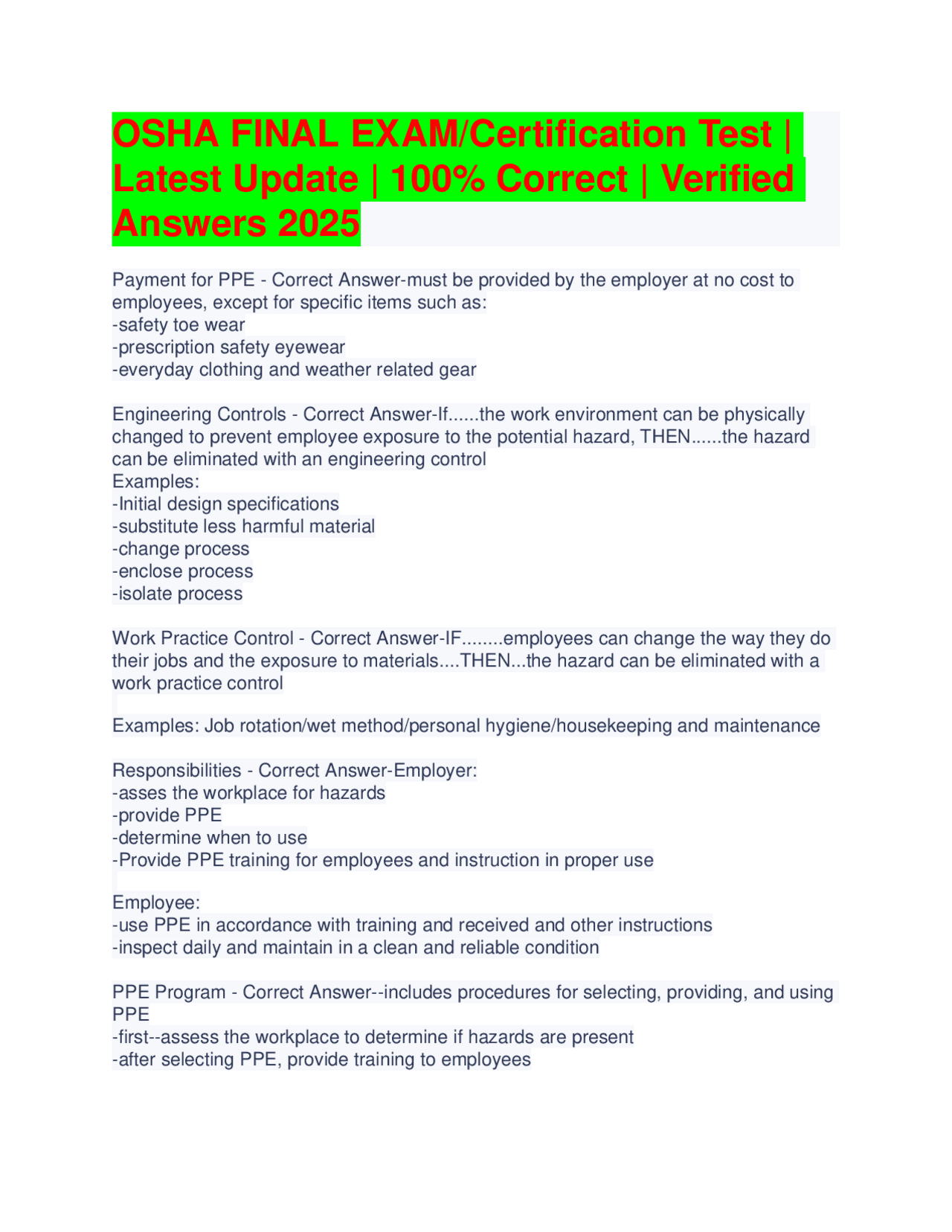 OSHA Certification Exam Prep: Safety Regulations and Verified Answers ...