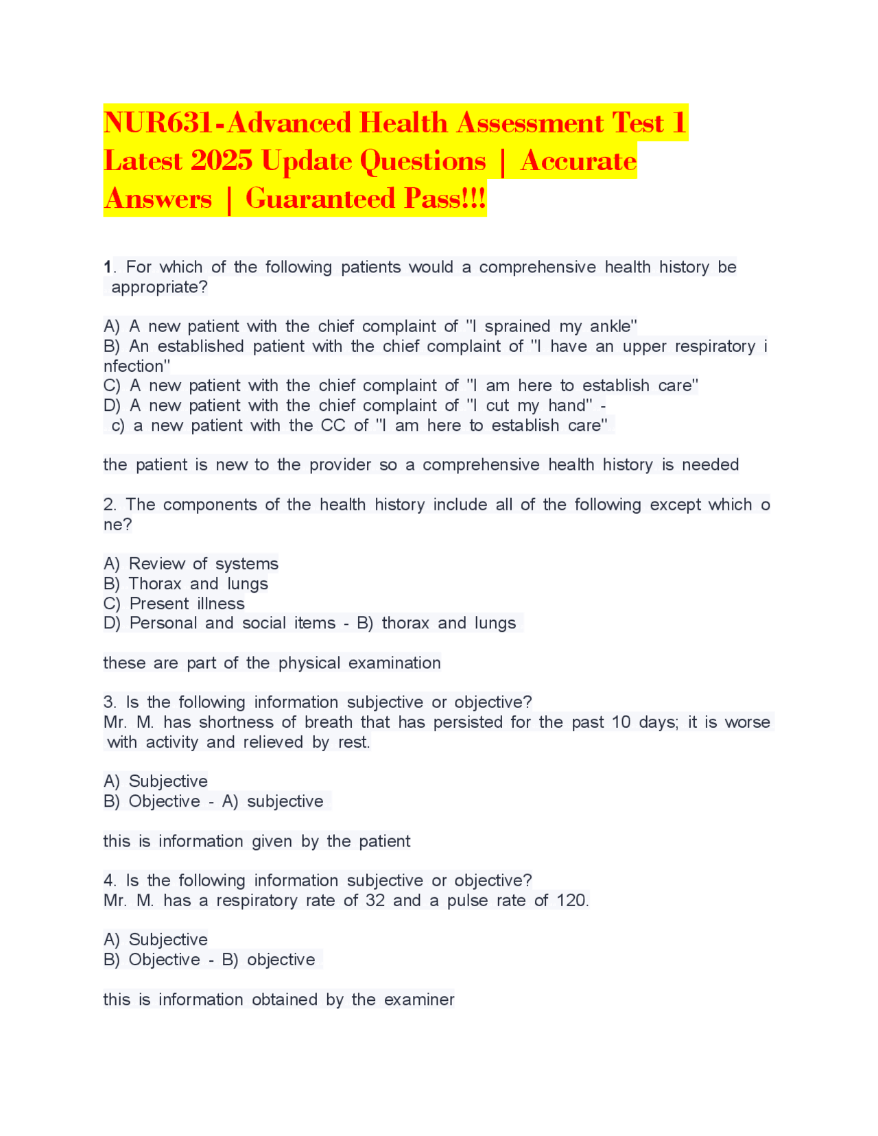 NUR631-Advanced Health Assessment Test 1 Latest 2025 Update Questions ...