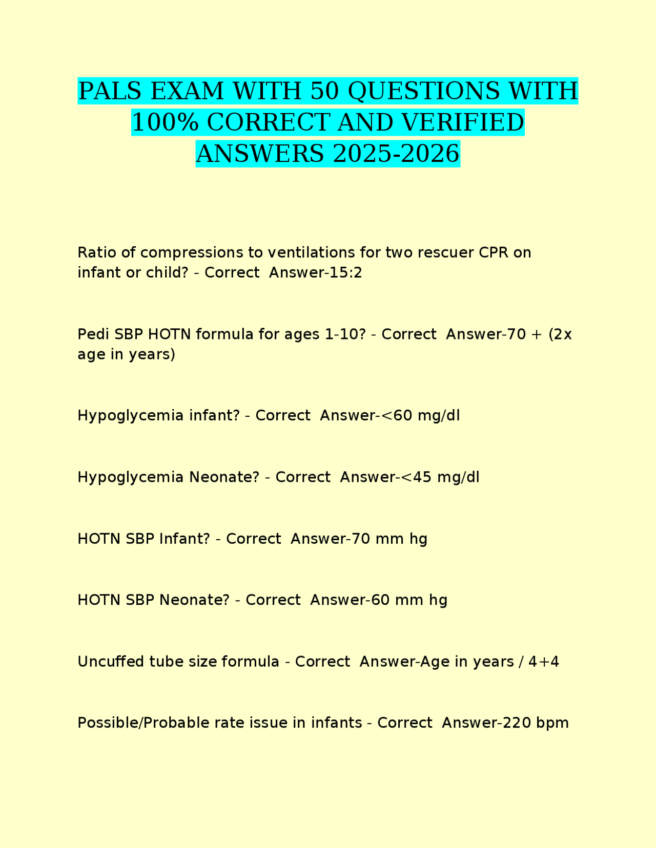PALS EXAM WITH 50 QUESTIONS WITH 100% CORRECT AND VERIFIED ANSWERS 2025 ...