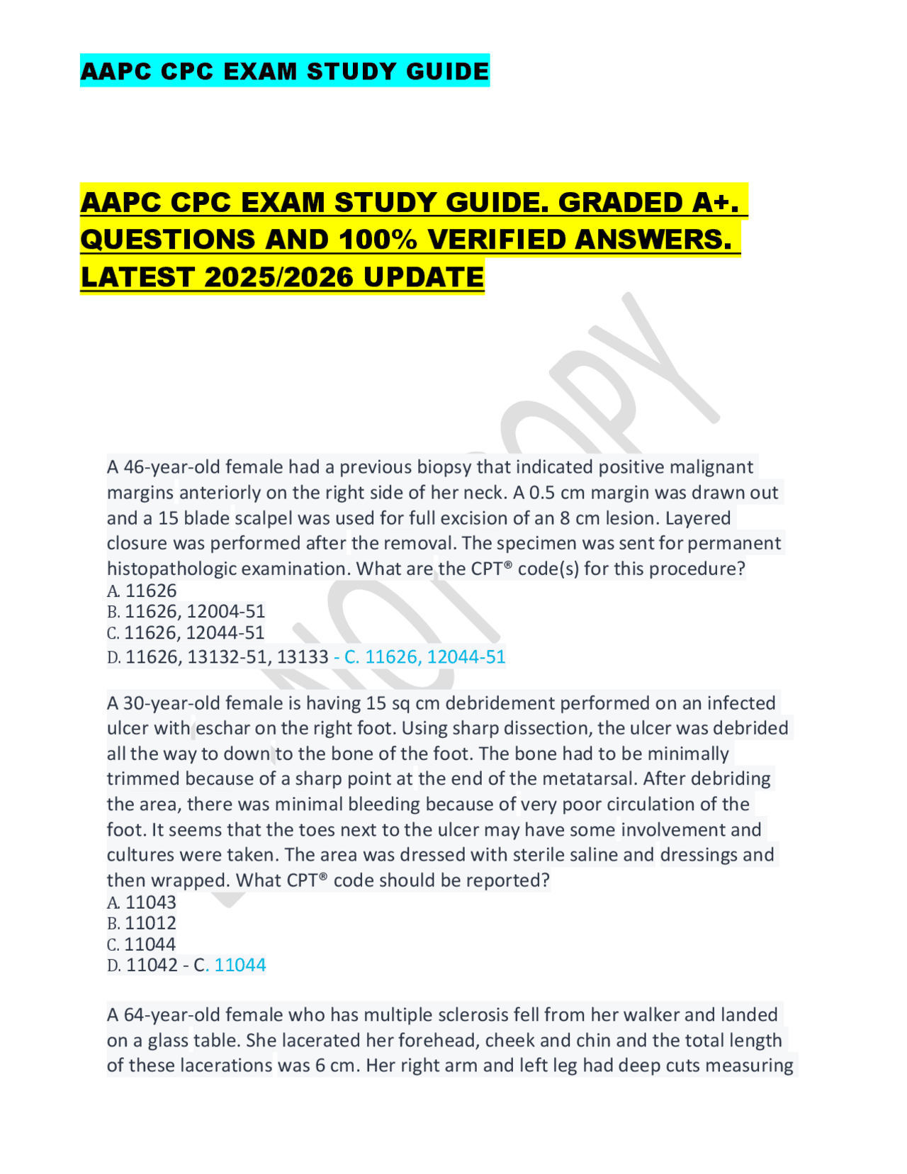 AAPC CPC Exam Study Guide 2025/2026: Questions and Answers | Exams ...