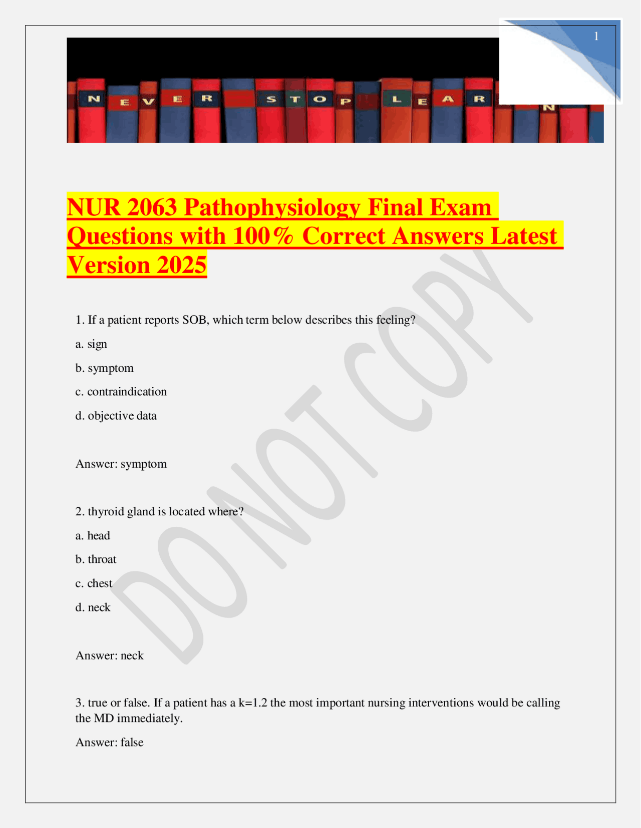 NUR 2063 Pathophysiology Final Exam Questions with 100% Correct Answers ...