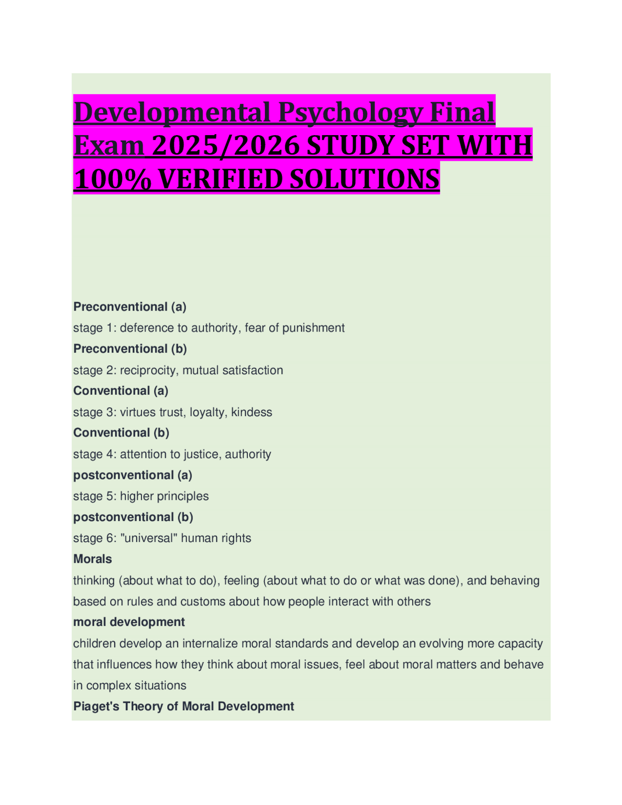 Developmental Psychology Final Exam 2025/2026 STUDY SET WITH 100% ...