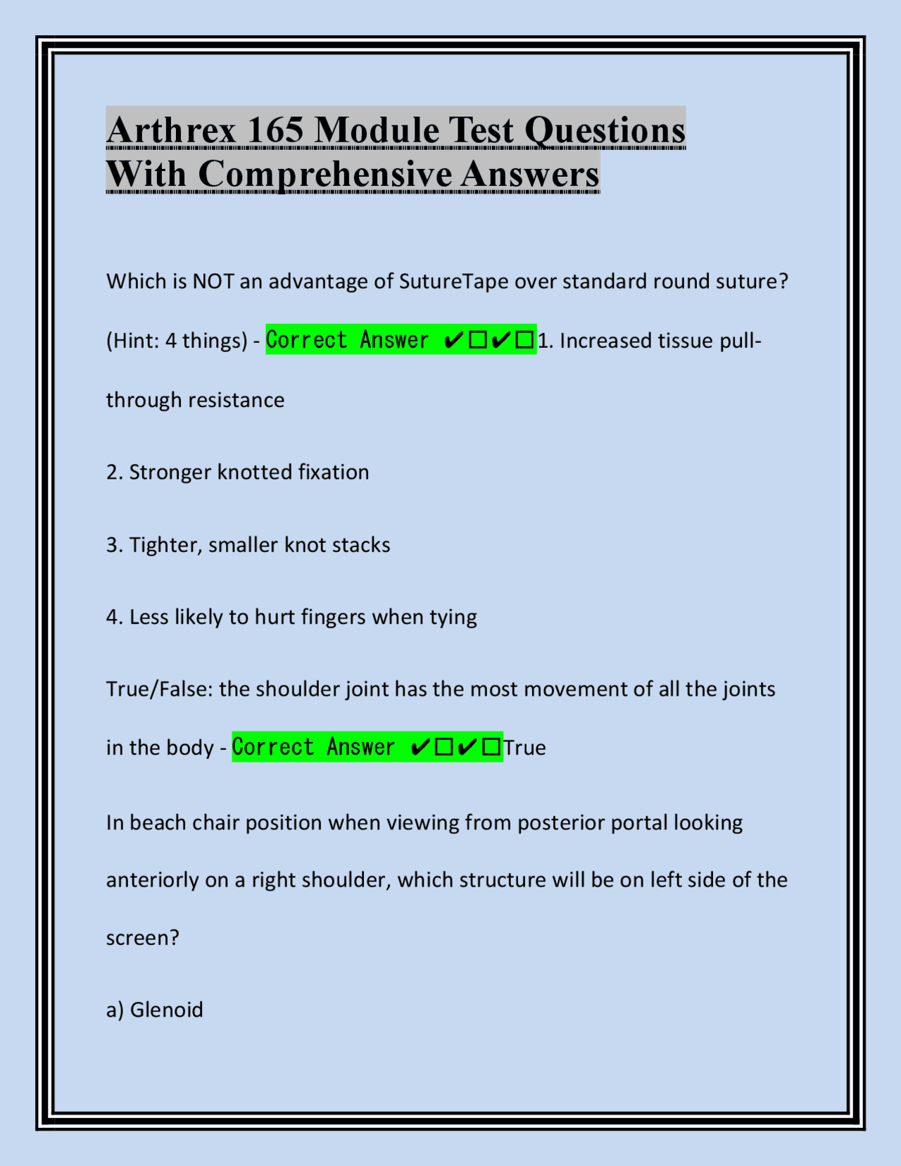 Arthrex 165 Module Test Questions With Comprehensive Answers | Test ...