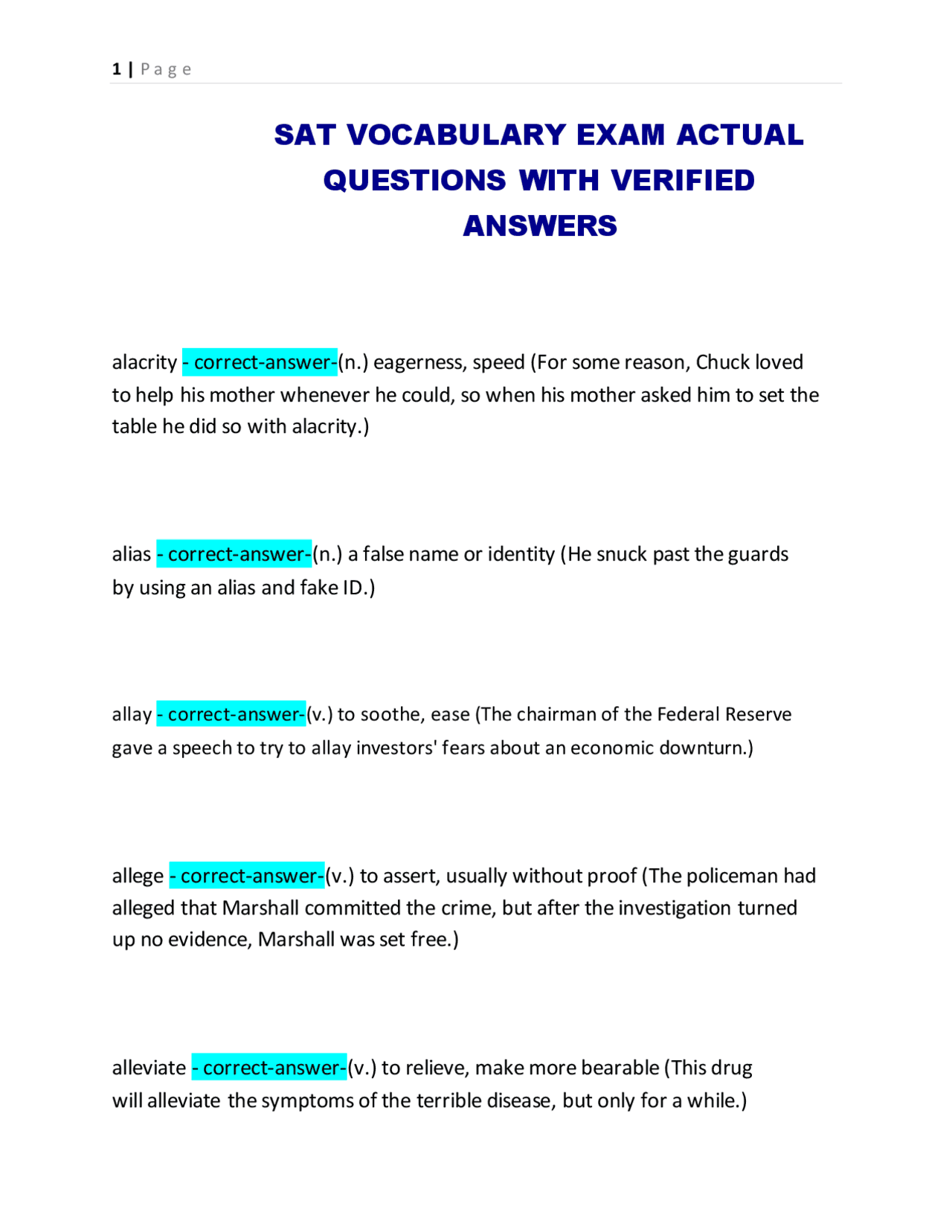 SAT Vocabulary Exam: Actual Questions and Verified Answers | Exams ...