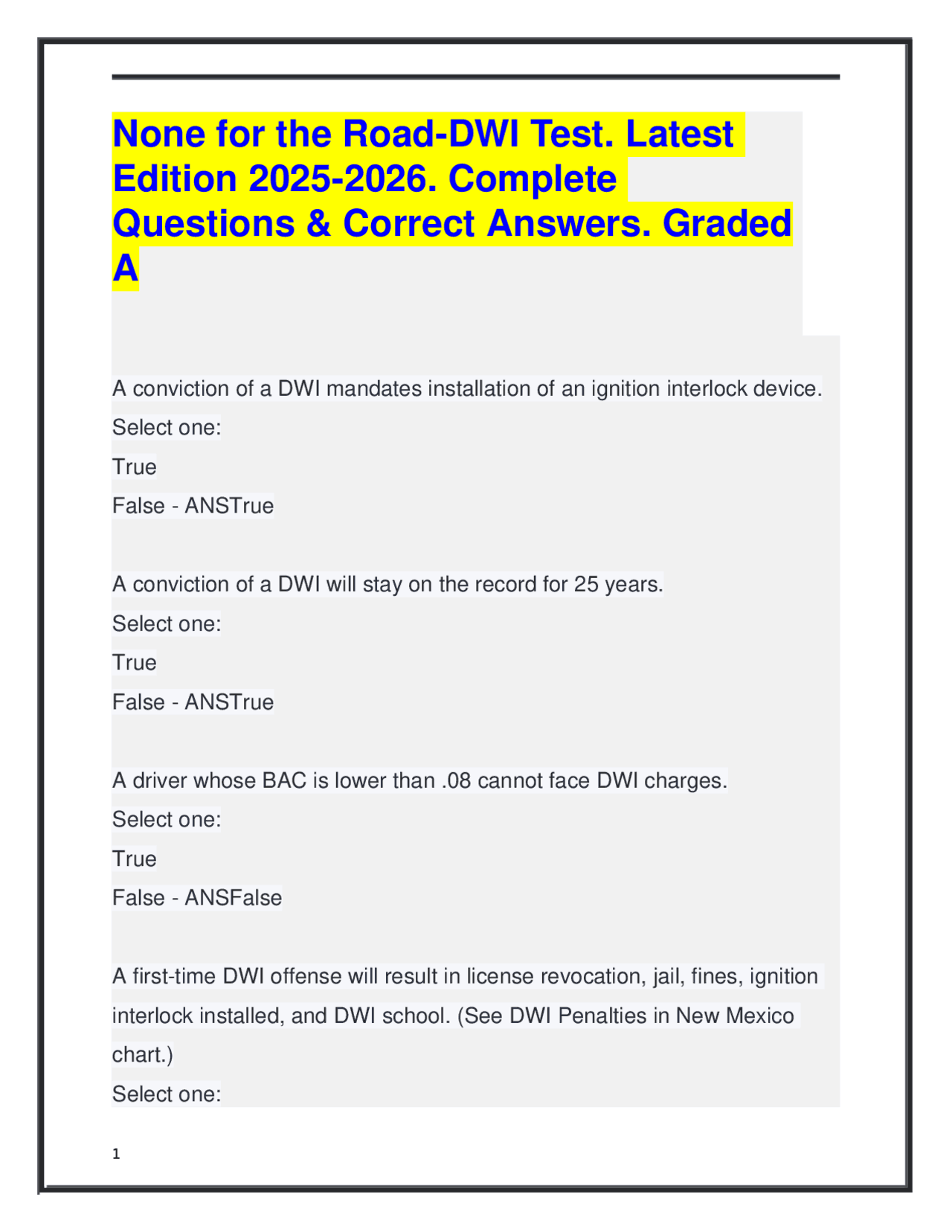 DWI Test Questions and Answers 2025-2026: New Mexico Edition | Exams ...
